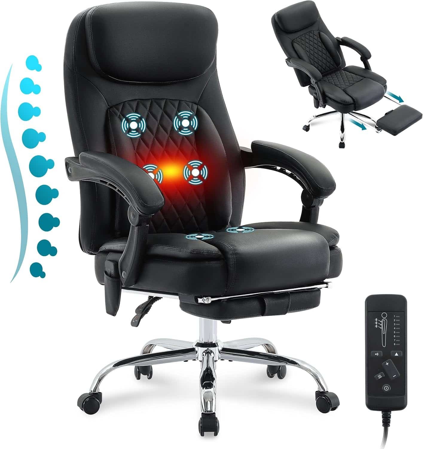 6-Point Massage Office Chair with Heated, Ergonomic Desk Chairs with Footrest 135°Reclining High Back, Big and Tall Executive Offices Chair 500LBS, Thick Cushion Gaming Chair for Home Office, Black
