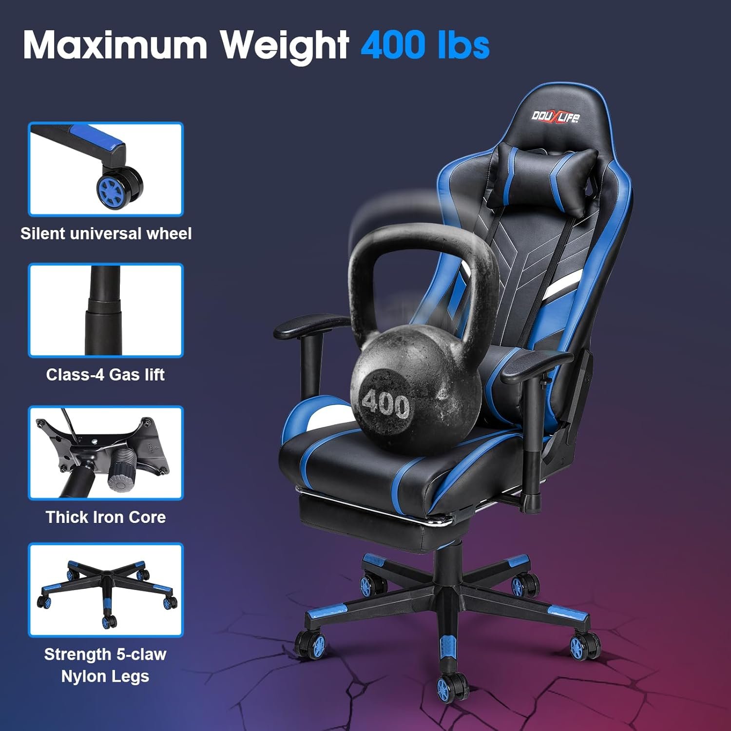 7-Point Massage Gaming Chair, 175° Gaming Recliner with Footrest Ergonomic Computer Office Chair High Back Video Game Chair with Lumbar Support, Upgraded Version Navy Blue