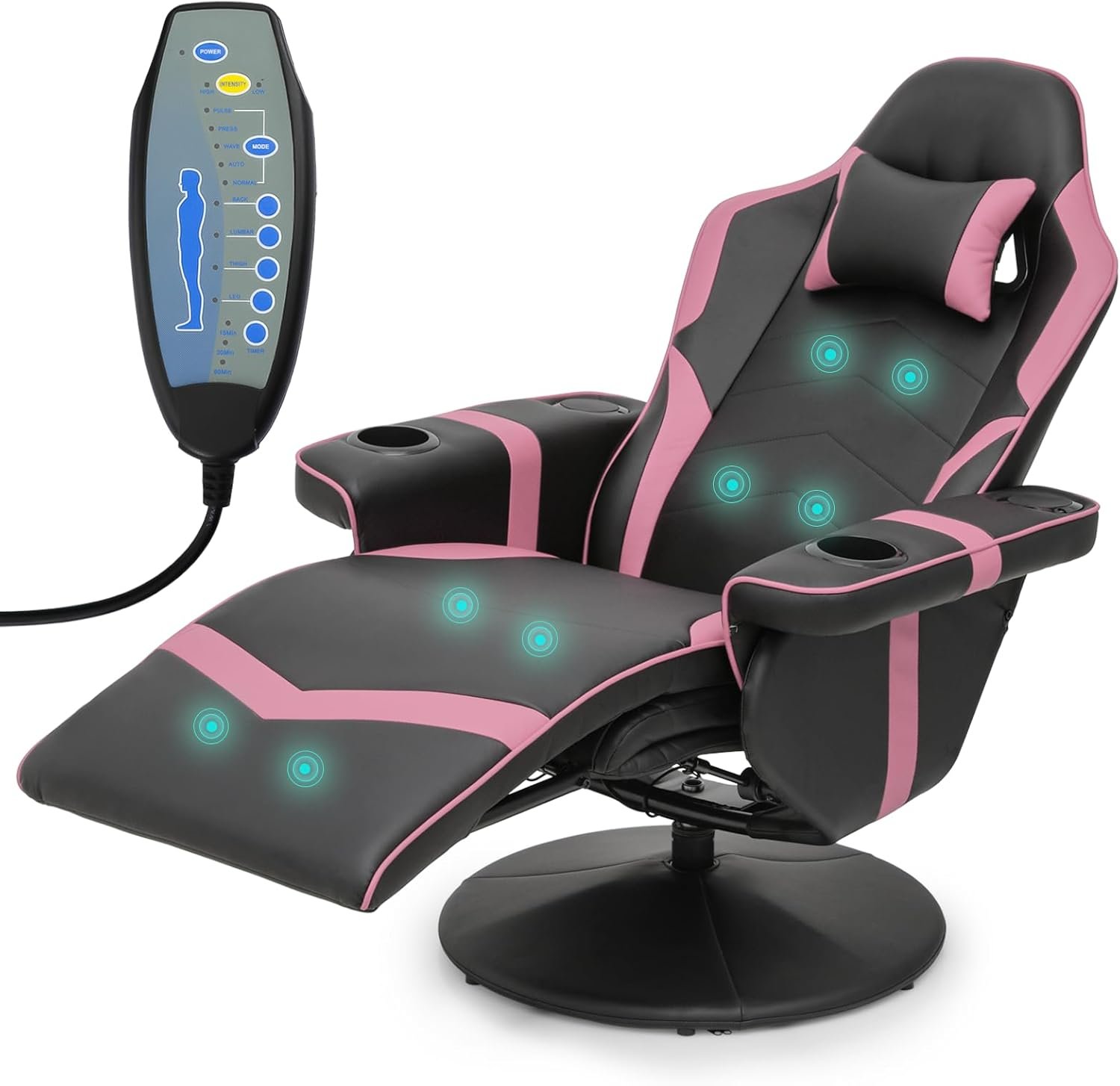 Athena Collection Massage Gaming Chair with Bluetooth Speaker Ergonomic Computer Desk Chair Swivel Office Chair Adjustable Recliner PU Leather Chair w/Footrest Cup Holder Side Pouch Headrest, Grey