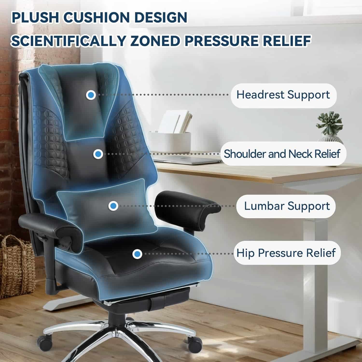 Big and Tall Office Chair with 6 Point Massage  Heating, Reclining Office Chair with Footrest-Black