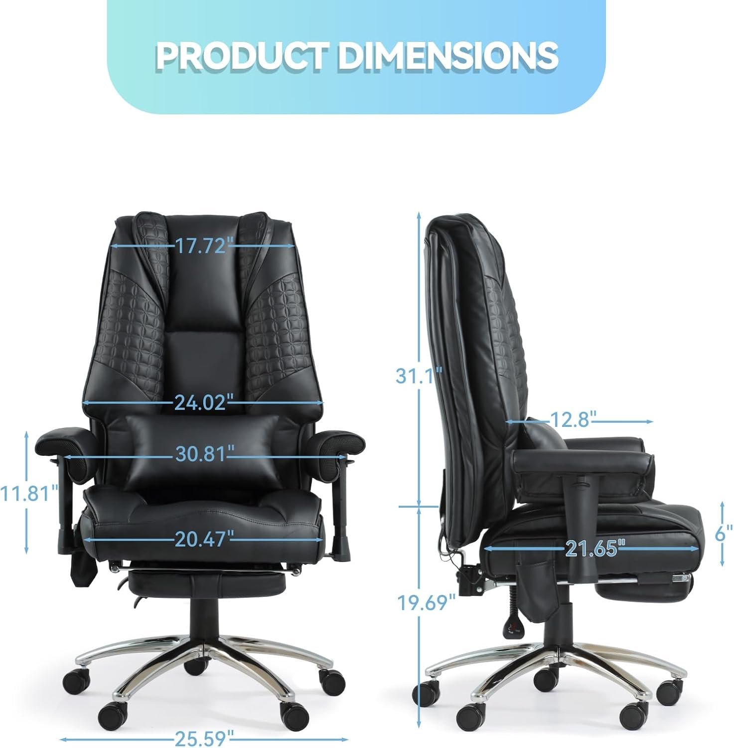 Big and Tall Office Chair with 6 Point Massage  Heating, Reclining Office Chair with Footrest-Black