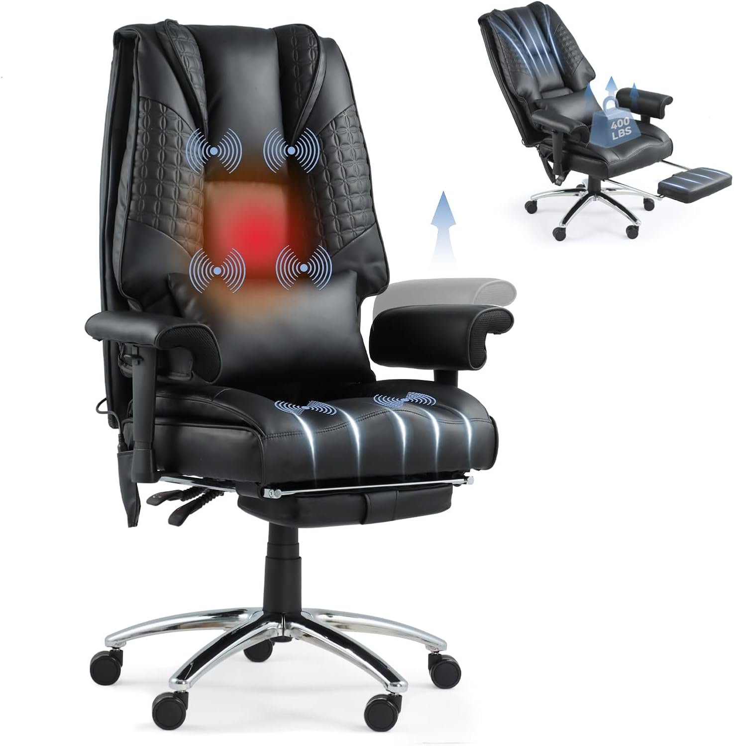 Big and Tall Office Chair with 6 Point Massage  Heating, Reclining Office Chair with Footrest-Black