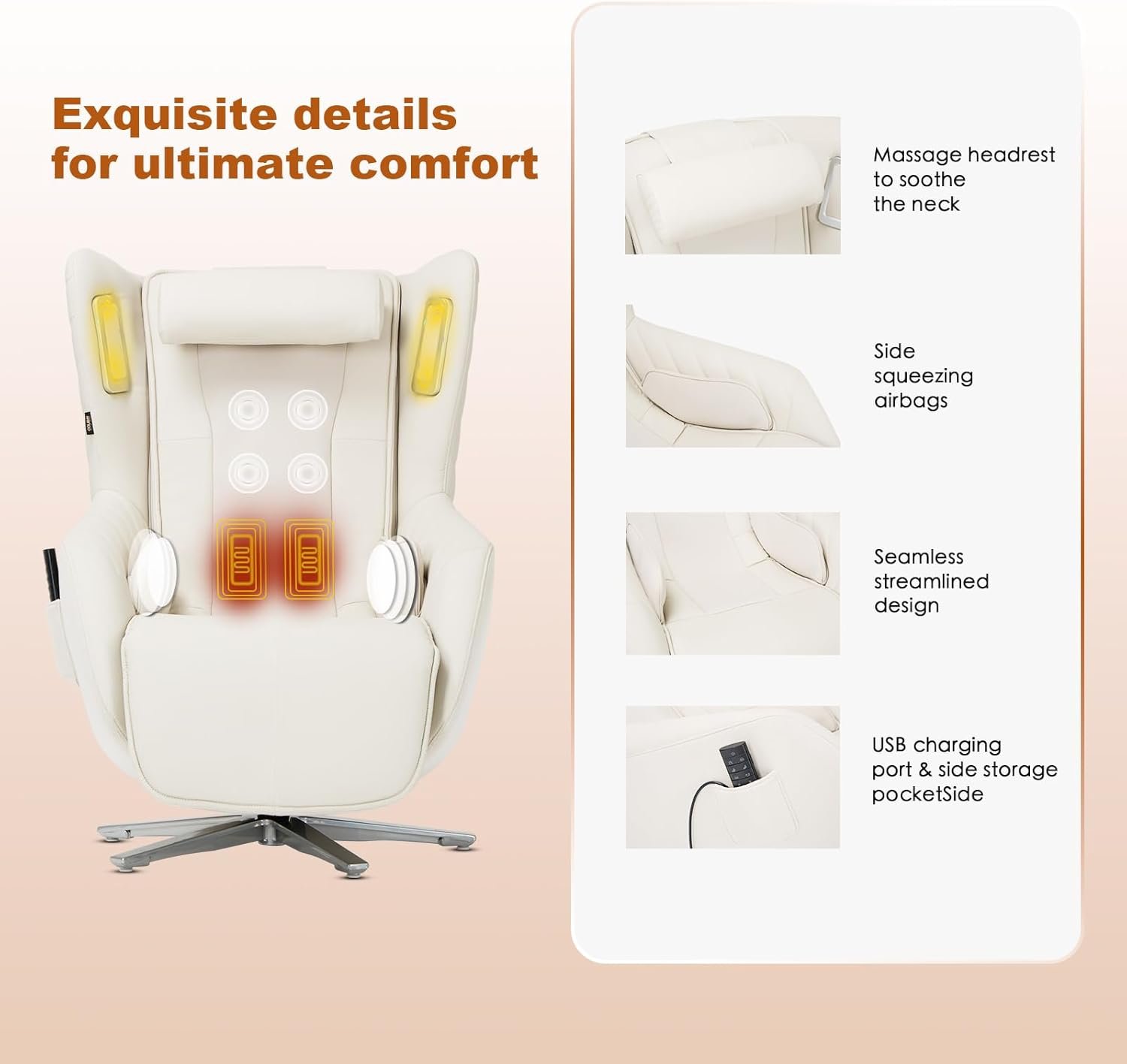 COLAMY Zero-Gravity Massage Chair | Massage and Leisure Dual-Use Chair,360° Swivel,Heat, Low-Noise 3D Bluetooth Speaker,Living Room, Bedroom（White