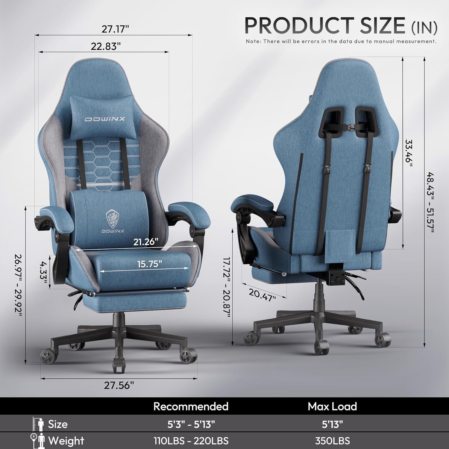 Dowinx Gaming Chair Fabric with Pocket Spring Cushion, Massage Game Chair Cloth with Headrest, Ergonomic Computer Chair with Footrest 290LBS, Black