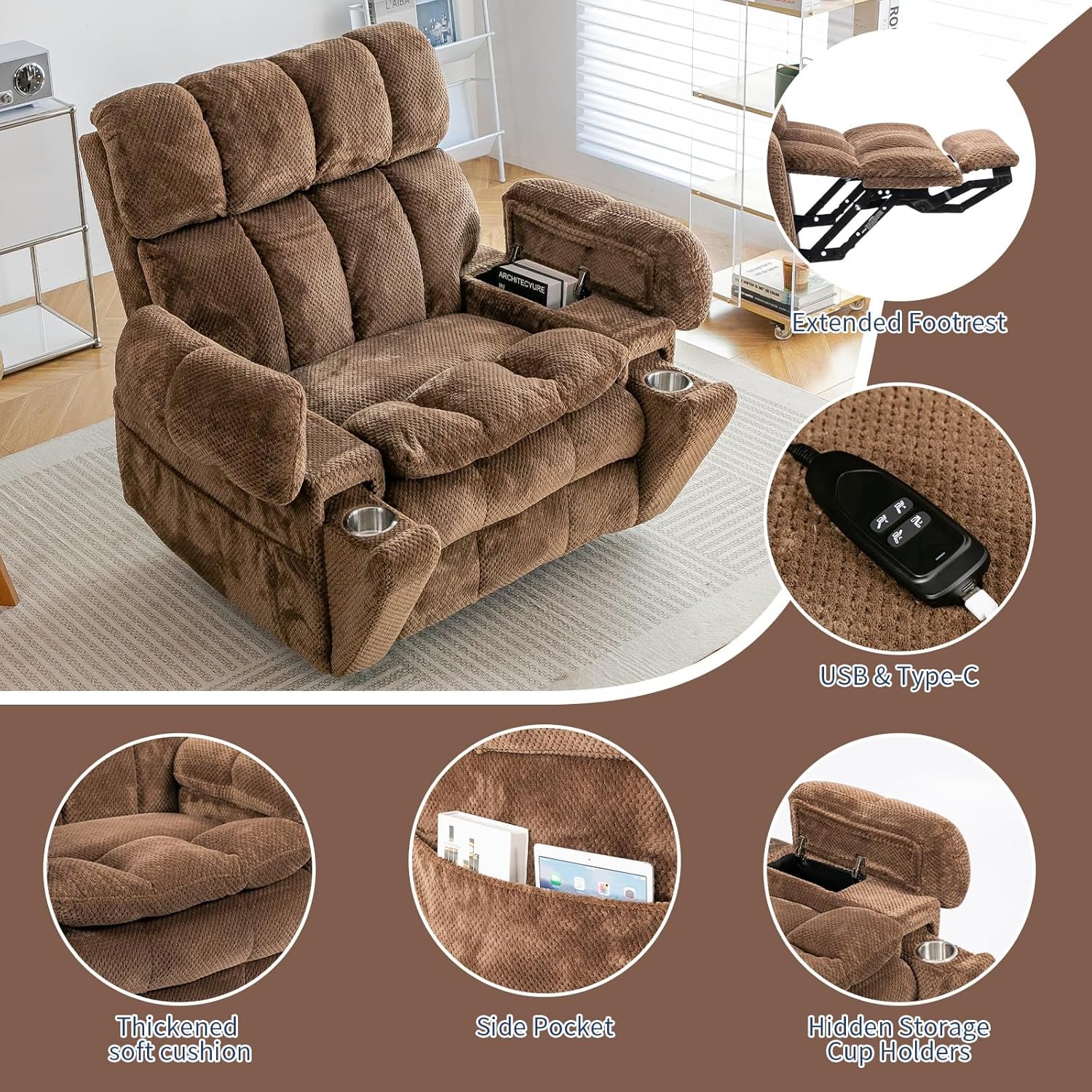 Dual Motor Power Lift Recliner Chair for Elderly with Adjustable Headrest,Extra Wide Recliner Chair with Heat and Massage,Lay Flat Recliner with Cupholder Storebox,USB Ports,Type C,Zero Gravity