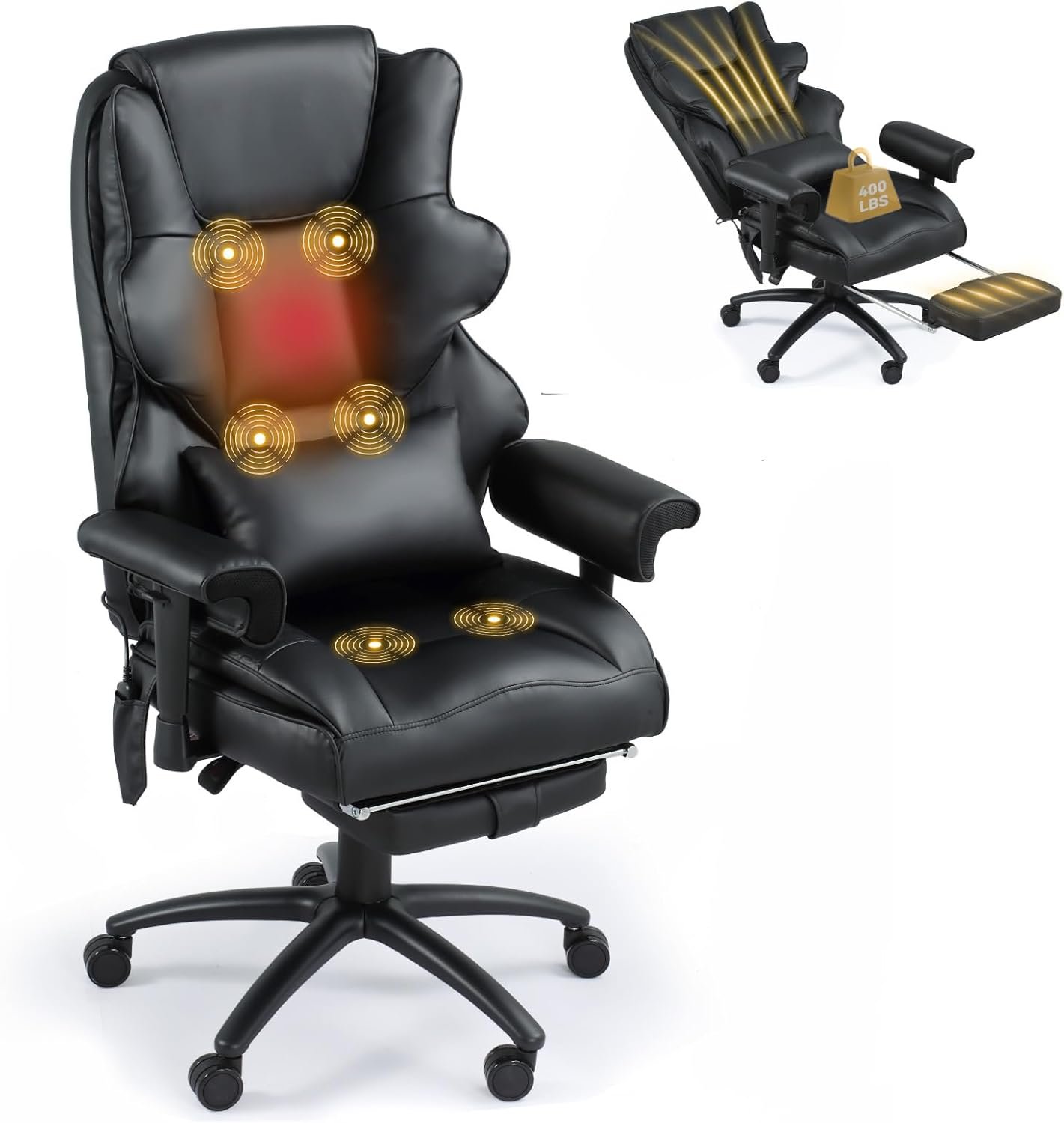 Executive Office Chair, 6-Point Massage Office Chair with Heating Function, High Back PU Leather  Ergonomic Lumbar Support