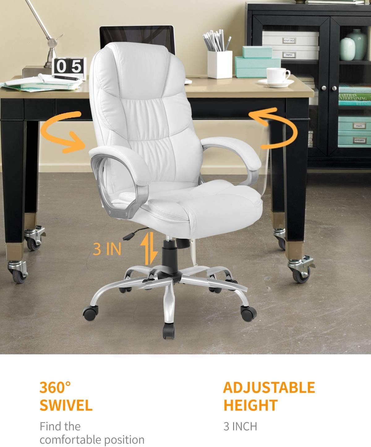 FDW Office Chair Computer High Back Adjustable Ergonomic Desk Chair Executive PU Leather Swivel Task Chair with Armrests Lumbar Support (Black)
