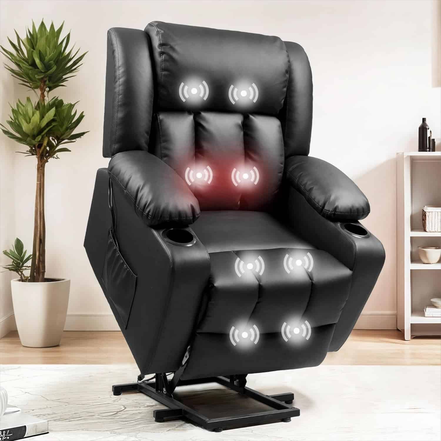 FLEXISPOT XL31 Power Lift Recliner Chair for Elderly, Electric Lift Chair with Massage  Heat, PU Leather Reclining Sofa w/Cup Holders, Side Pockets for Living Room Bedroom(Medium Size,Black)