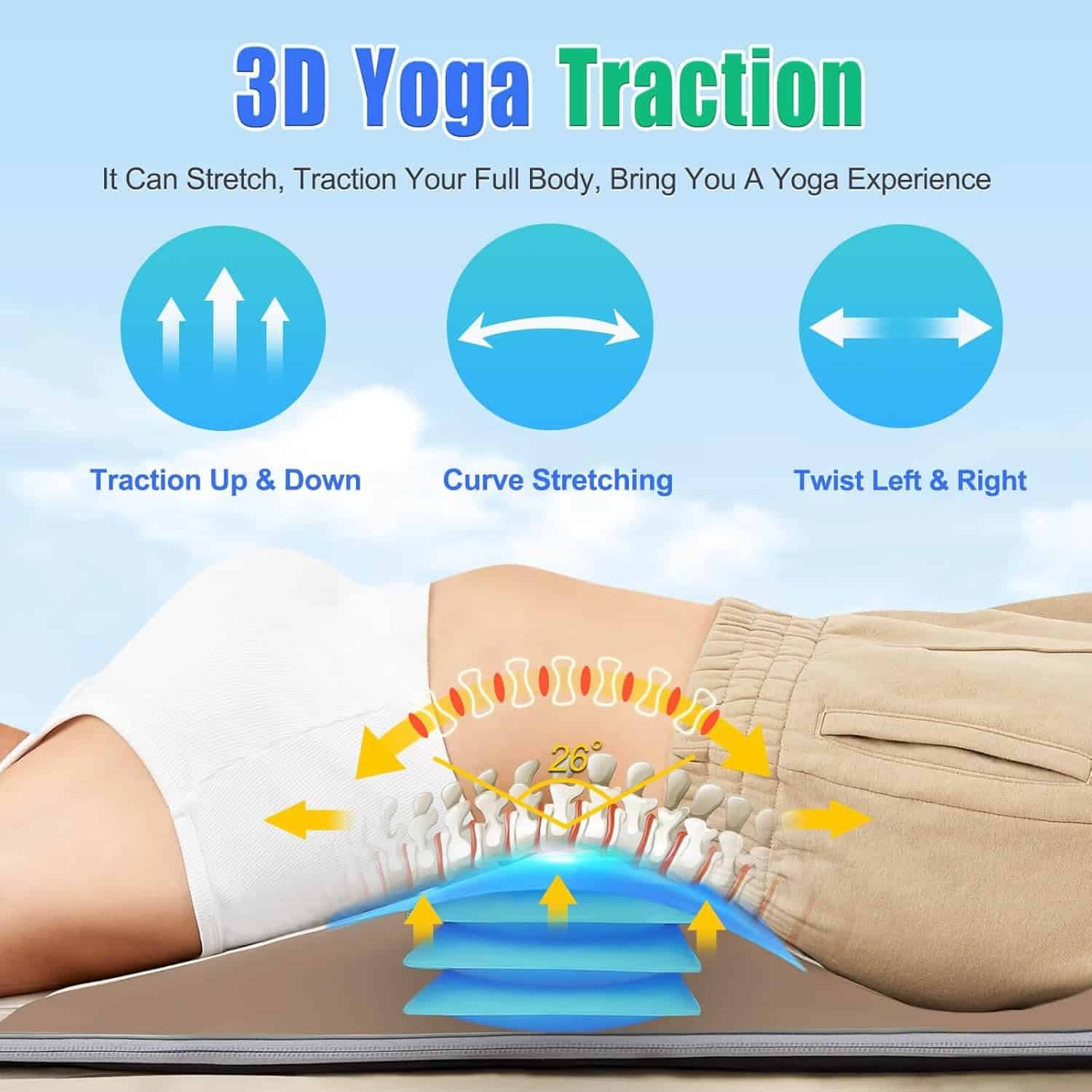 Full Body Massage Mat, 3D Body Stretching  Lumbar Traction, Back Heating, Traction Up  Down, Curve Stretch, Twist Left  Right, 4 Modes 3 Intensities 3 Heat Levels, PU Leather, Foldable, Fit 51-60