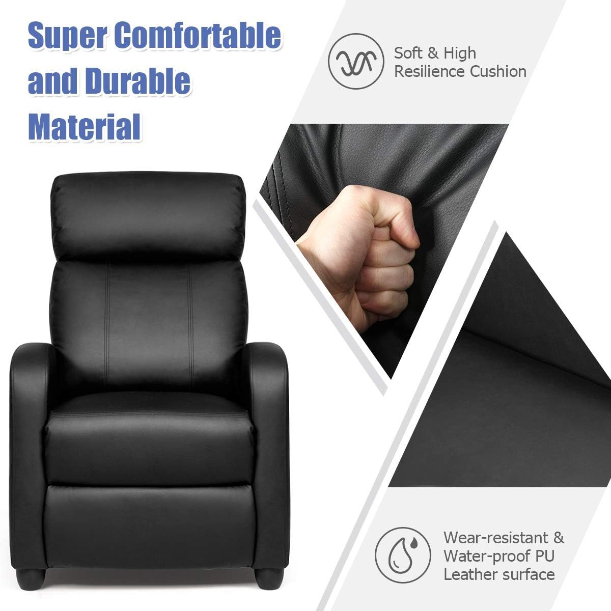 Giantex Recliner Chair, Massage Wingback Single Sofa w/Side Pocket, PU Leather Recliner Sofa for Living Room, Modern Padded Seat Reclining Chair, Home Theater Seating Office for Adults (Black)