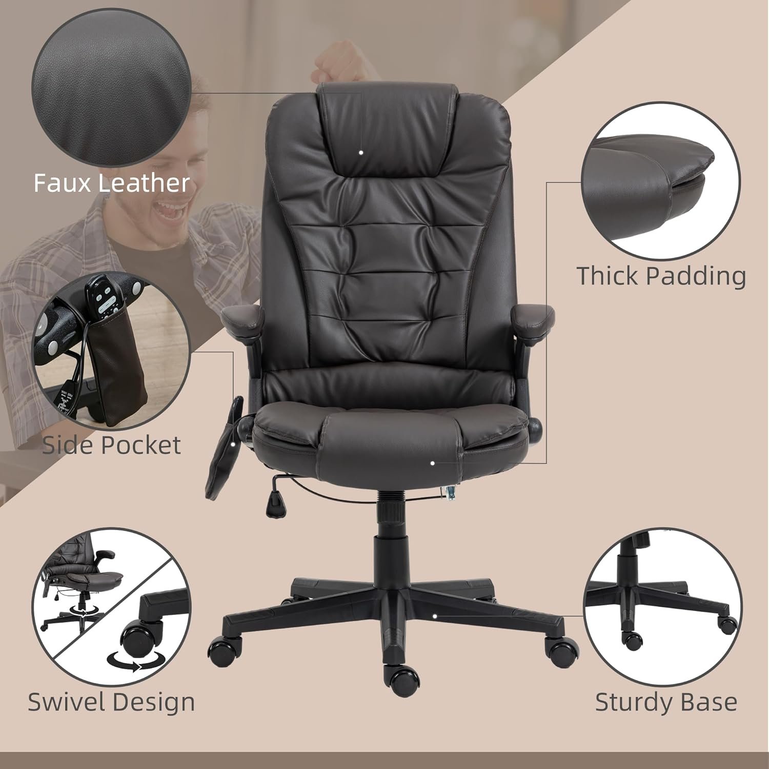 HOMCOM High Back Vibration Massage Office Chair with 6 Vibration Points, Heated Reclining PU Leather Computer Chair with Armrest and Remote, White
