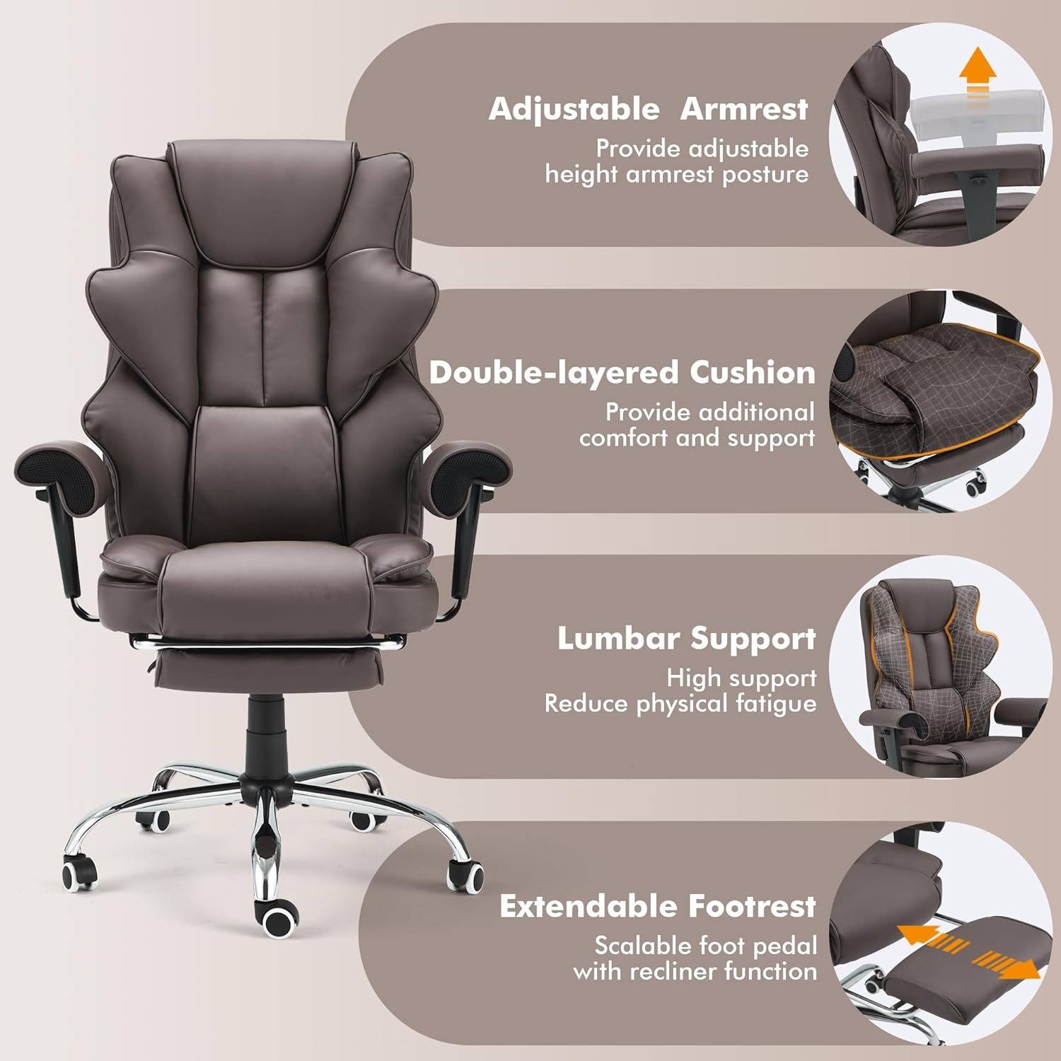 HOMREST 6-Point Massage Executive Chair,Heat Office Chair,Ergonomic Home Office Desk Chair with Retractable Footrest and Reclining Function,Leather Computer Chair with Adjustable Armrest(‌SlateGray‌)