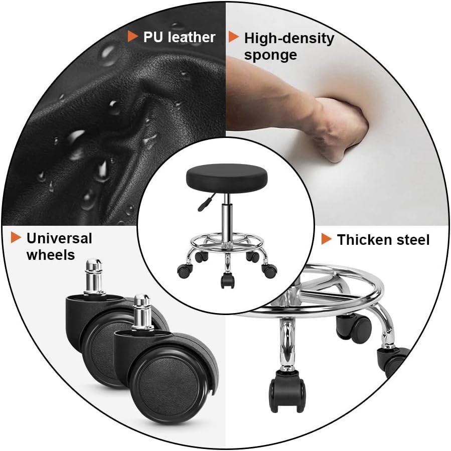 KKTONER PU Leather Round Rolling Stool with Foot Rest Swivel Height Adjustment Spa Drafting Salon Tattoo Work Office Massage Stools Task Chair Cushion 14 inches (White)
