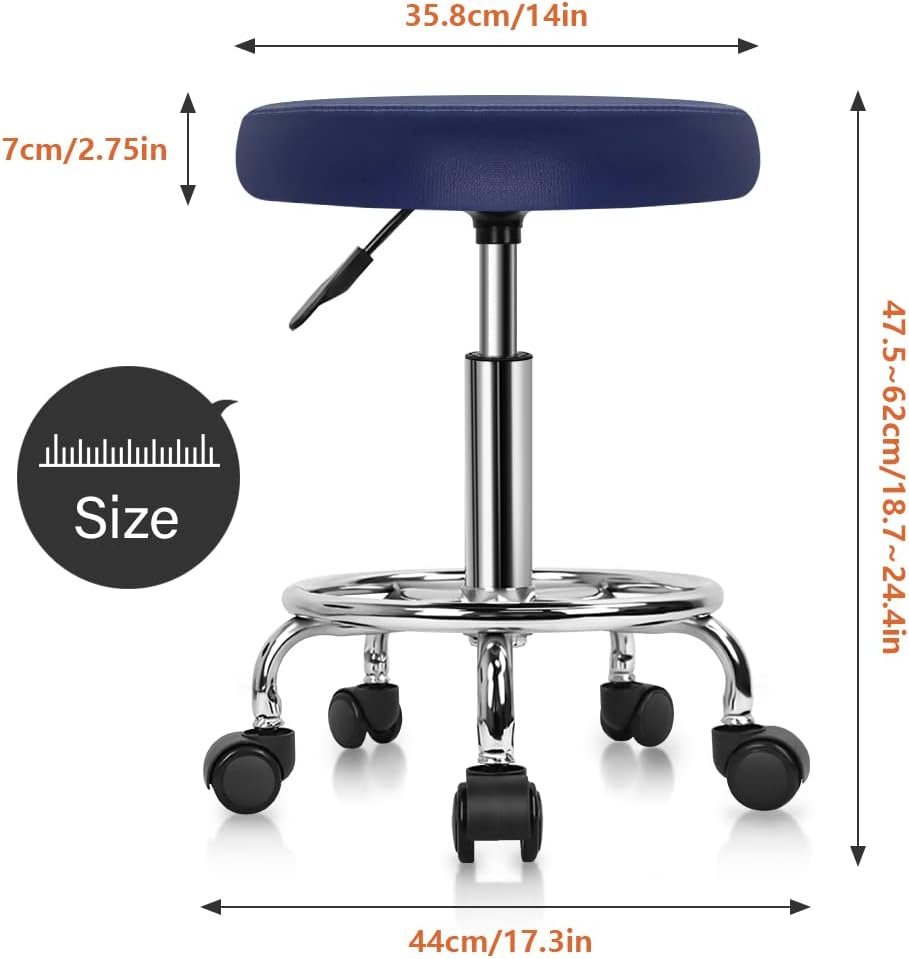 KKTONER PU Leather Round Rolling Stool with Foot Rest Swivel Height Adjustment Spa Drafting Salon Tattoo Work Office Massage Stools Task Chair Cushion 14 inches (White)