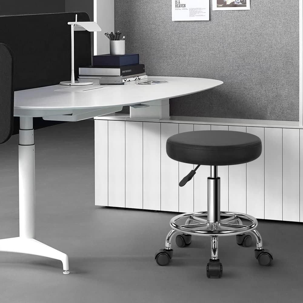 KKTONER PU Leather Round Rolling Stool with Foot Rest Swivel Height Adjustment Spa Drafting Salon Tattoo Work Office Massage Stools Task Chair Cushion 14 inches (White)