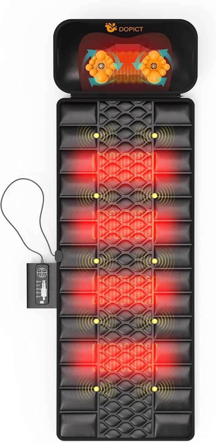 Massage-Mat, Detachable Neck Massager, Full Body Vibration Heating, Massage Pad with 10 Vibrating Motors and 9 Speed Settings for Home Office Use, Black