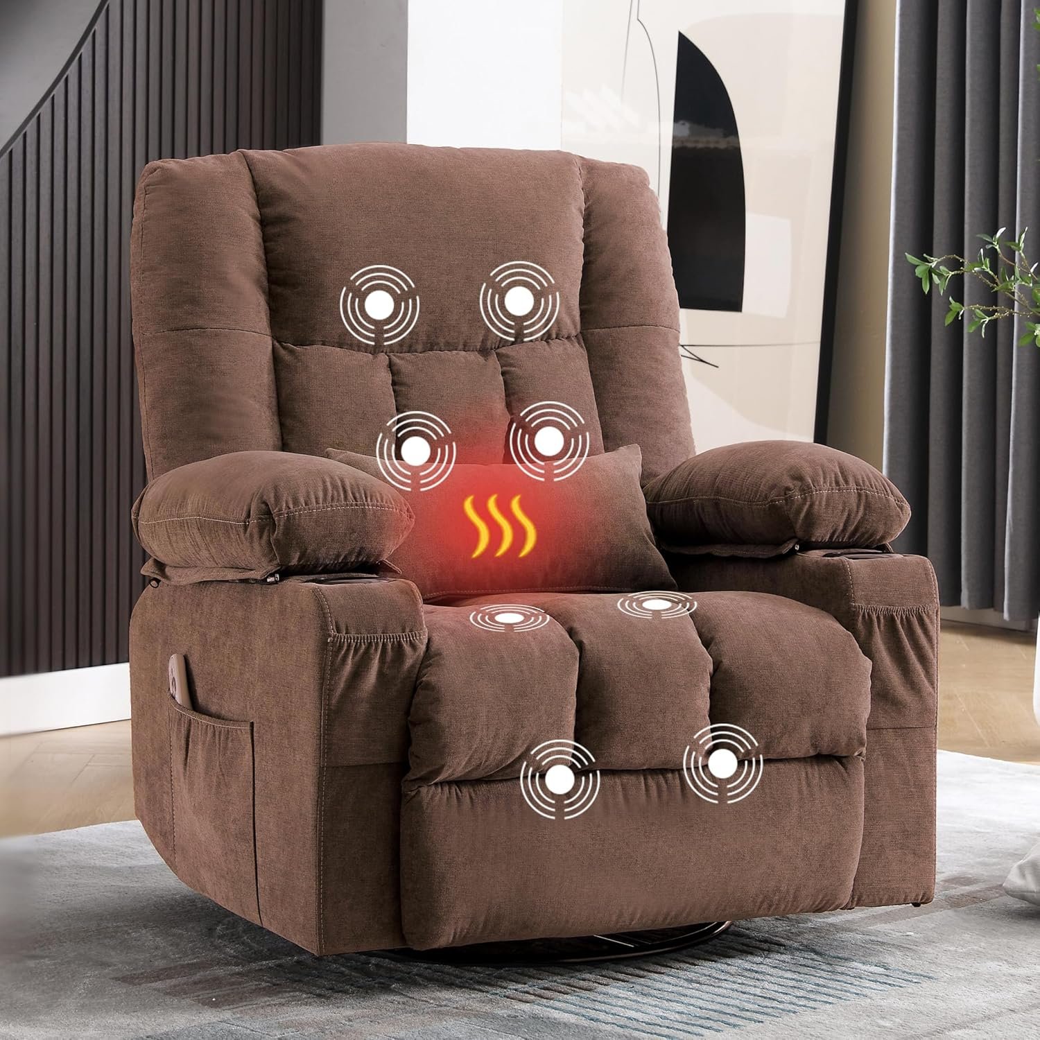 Massage Swivel Recliner Chair, Oversized Rocker Recliner with Vibration Massage and Lumbar Heat Ergonomic Rocker Chair for Living Room with Side Pocket, 2 Cup Holders, USB Charge Port Massage Swivel Recliner Chair, Oversized Rocker Recliner with Vibration Massage and Lumbar Heat Ergonomic Rocker Chair for Living Room with Side Pocket, 2 Cup Holders, USB Charge Port