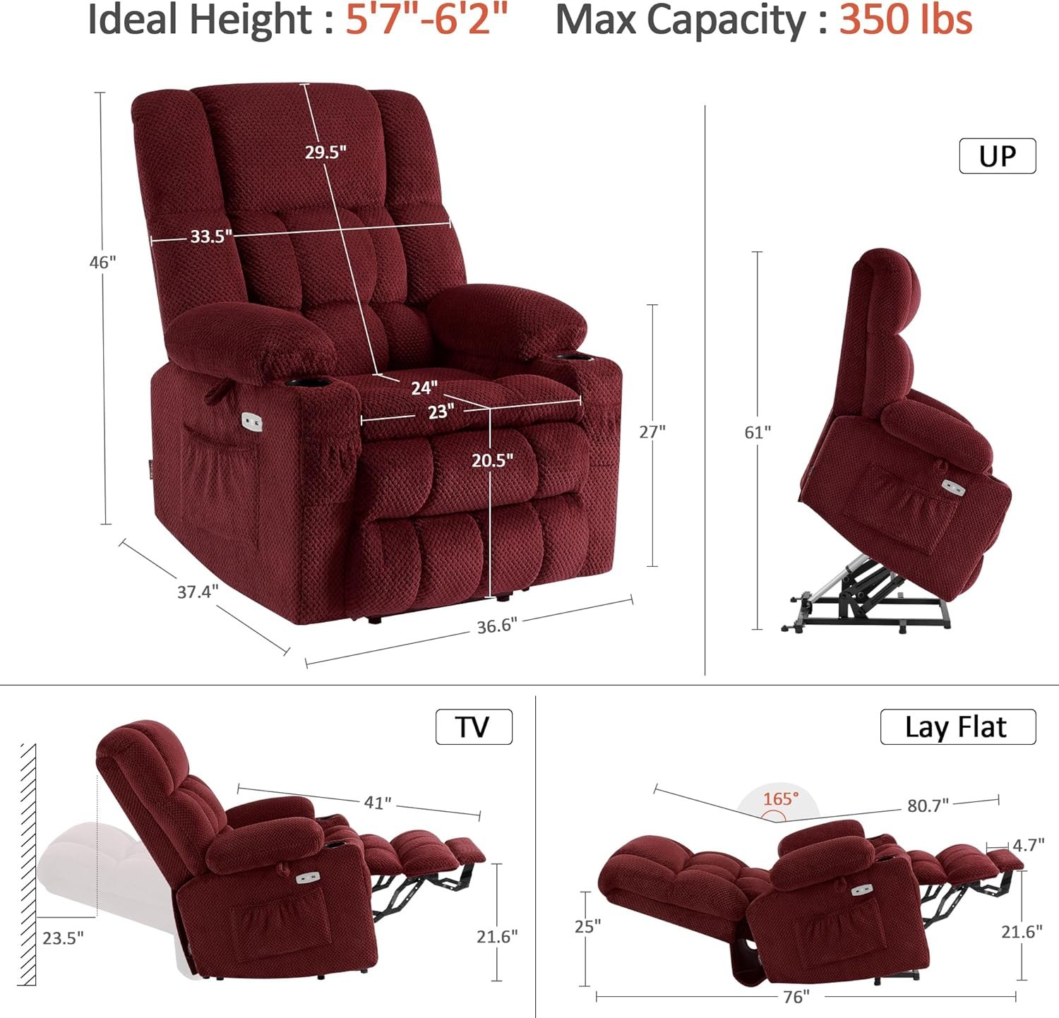 MCombo Dual Motor Power Lift Recliner Chair with Massage and Heat for Elderly People, Infinite Position, USB Ports, Cup Holders, Fabric 7890 (Medium-Regular, Dark Grey)