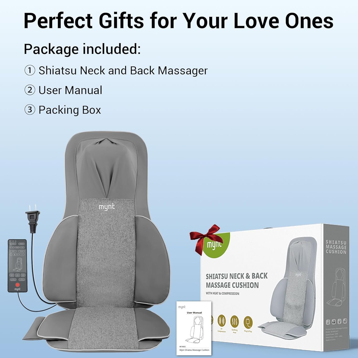 Mynt 3D Shiatsu Neck and Back Massager Cushion, Adjustable Compression Kneading Massage Chair Pad,Full Body Massager for Neck and Back,Shoulder,Thighs Black