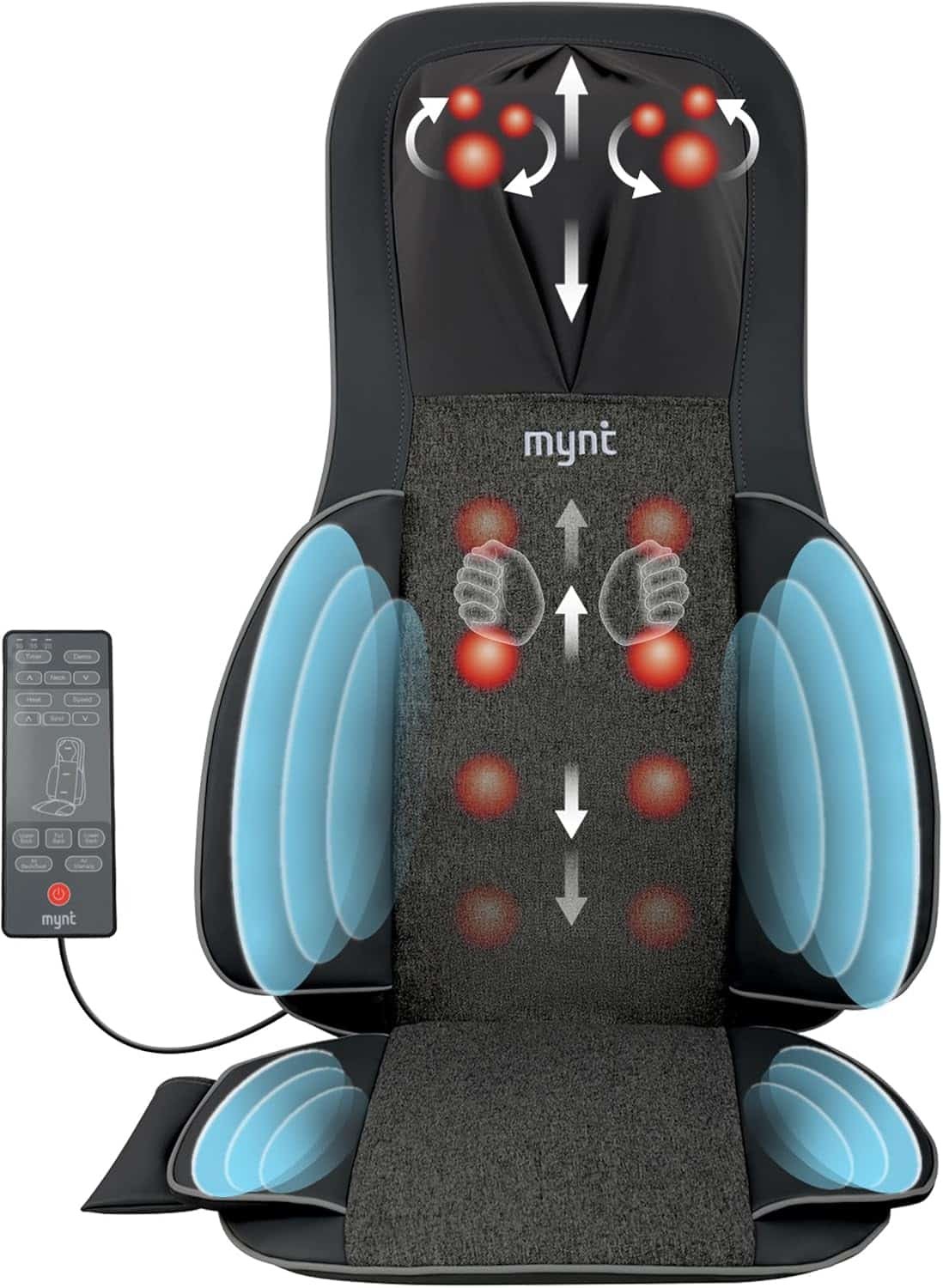 Mynt 3D Shiatsu Neck and Back Massager Cushion, Adjustable Compression Kneading Massage Chair Pad,Full Body Massager for Neck and Back,Shoulder,Thighs Black