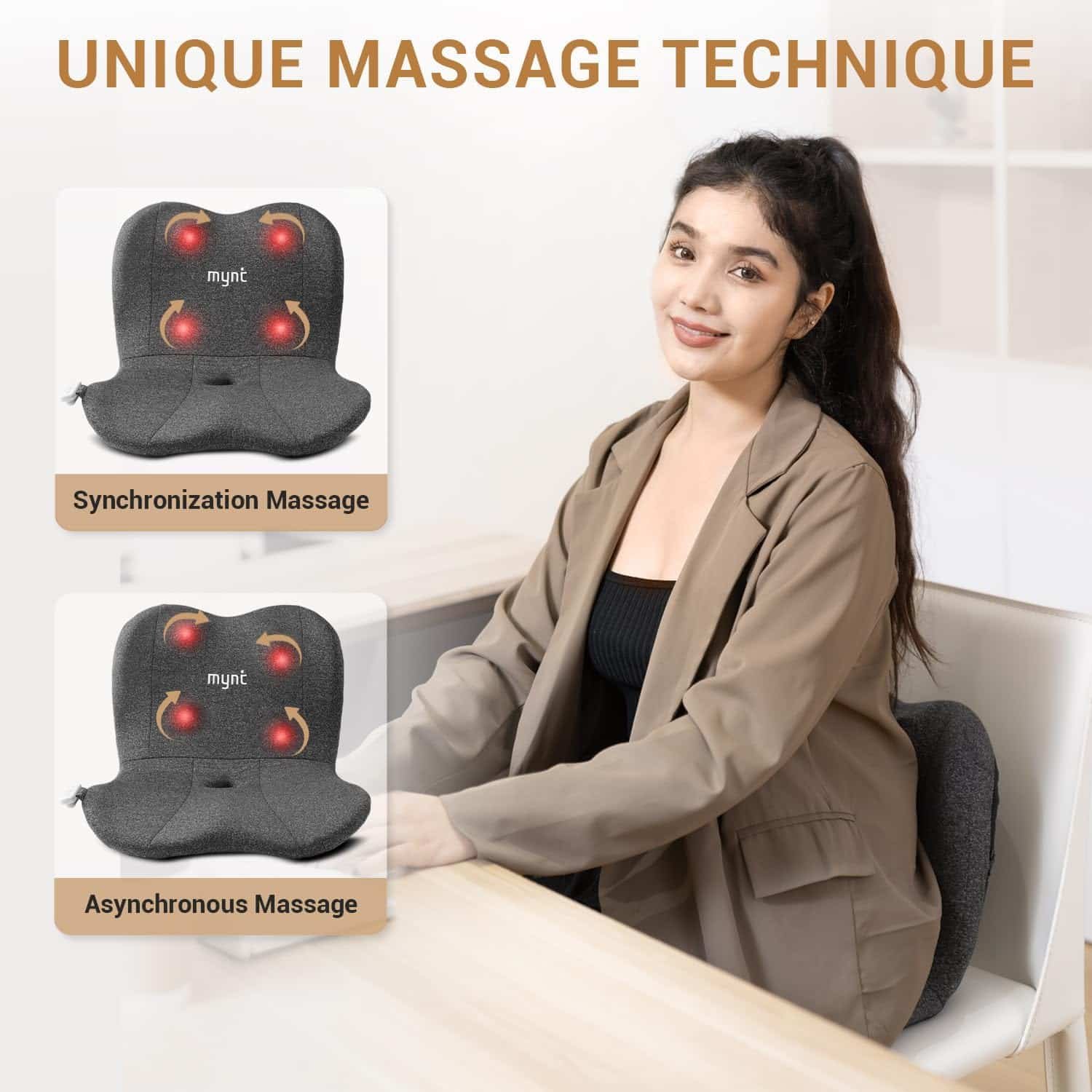 Mynt Lower Back Acupressure Massager, Lumbar Hip Rolling Massage Seat Cushion with Heat, Foldable Ergonomic Support Cushion with Shiatsu Massage Help Improve Sitting Posture