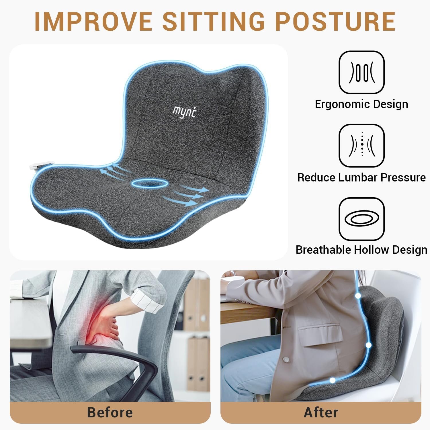 Mynt Lower Back Acupressure Massager, Lumbar Hip Rolling Massage Seat Cushion with Heat, Foldable Ergonomic Support Cushion with Shiatsu Massage Help Improve Sitting Posture