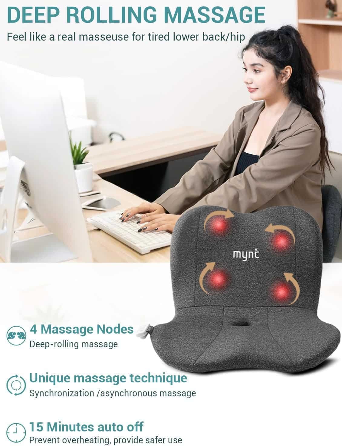 Mynt Lower Back Massager for Pain Relief, Foldable Shiatsu Hip Massager with Heat, Ergonomic Support Chair Pad for Sitting Posture, Portable Seat Cushion for Home Office, Gift