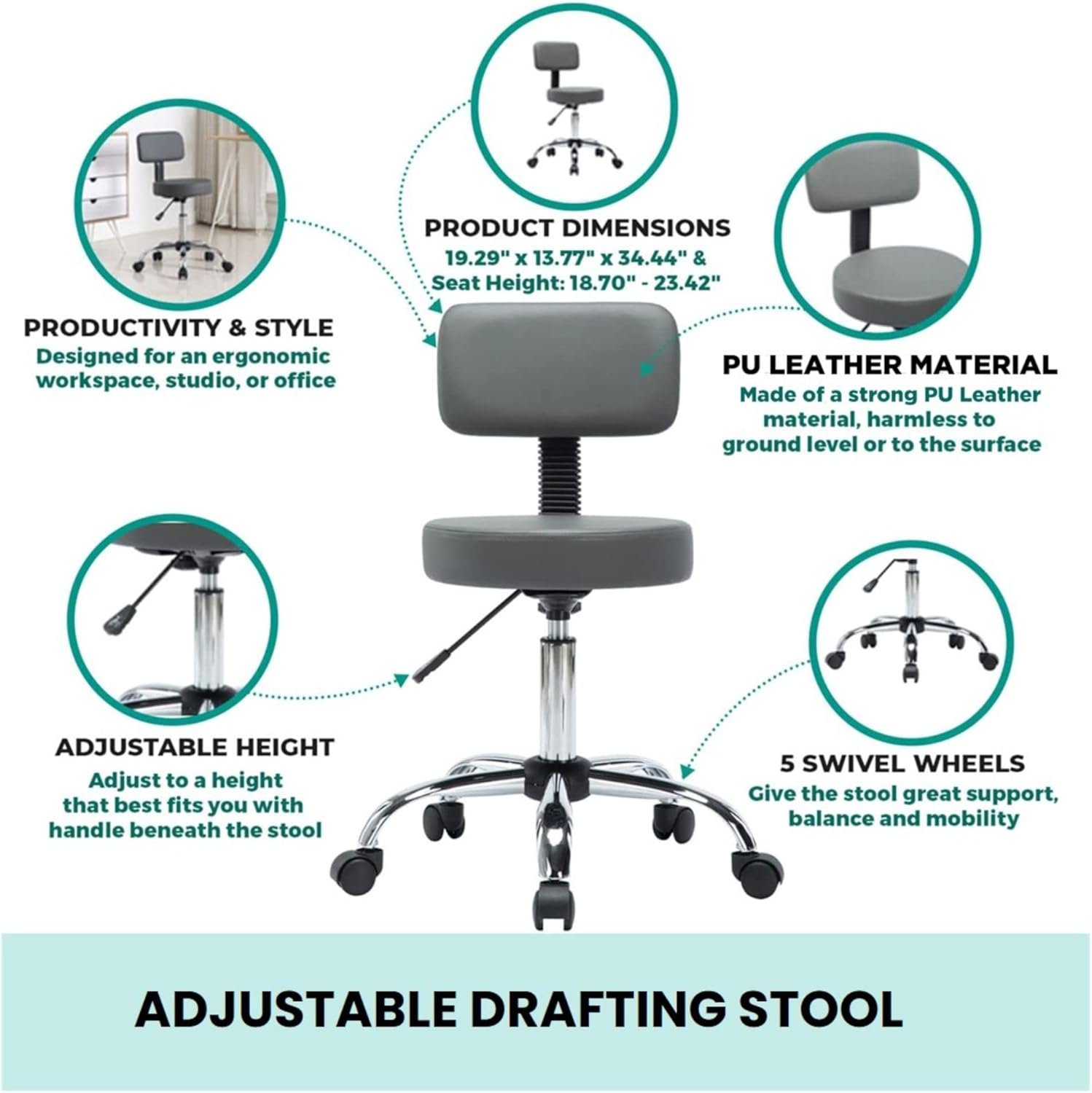 Naomi Home Shop Rolling Chair with Wheels Office Rolling Stool Spa Stools with Wheels Shop Stool Salon Stool Back Support Artist Chair Pedicure Chairs -