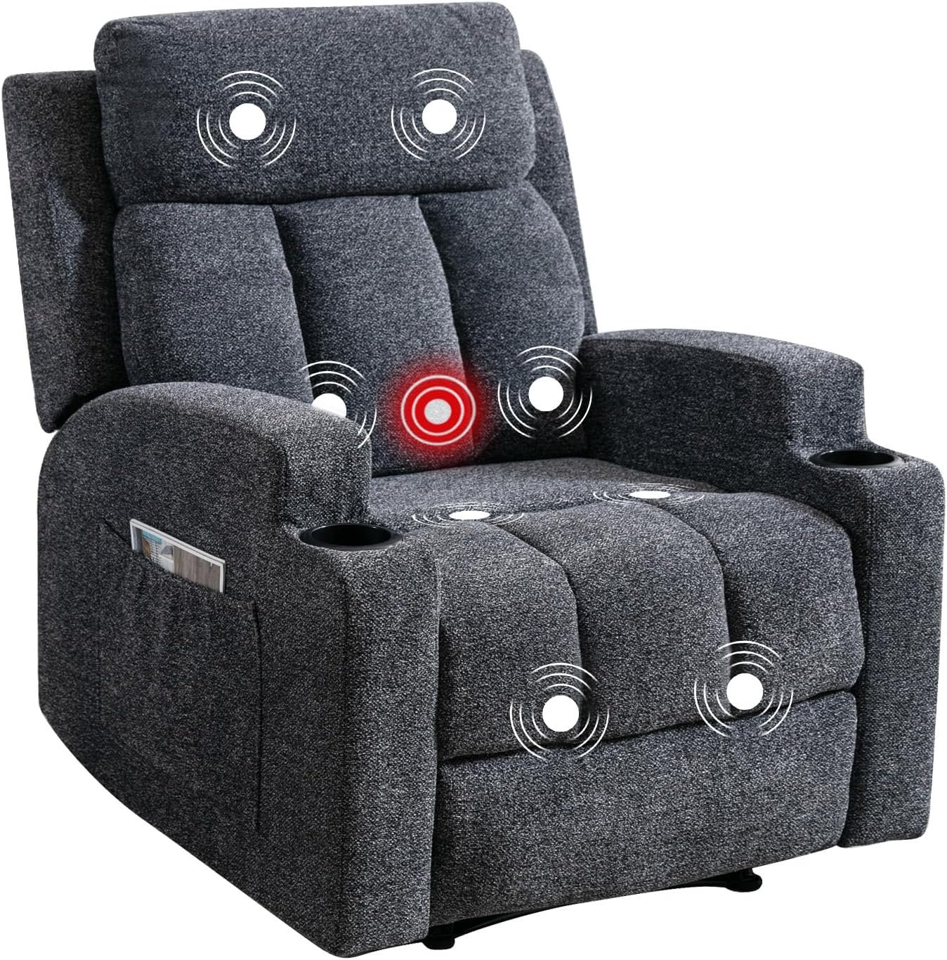 Phoenix Home Manual Recliner Chair with Massage and Heat Ergonomic Overstuffed Breathable Fabric Reclining Chair with 2 Side Pockets, 2 Cup Holders, Remote Control, Living Room, Bedroom,Dark Gray