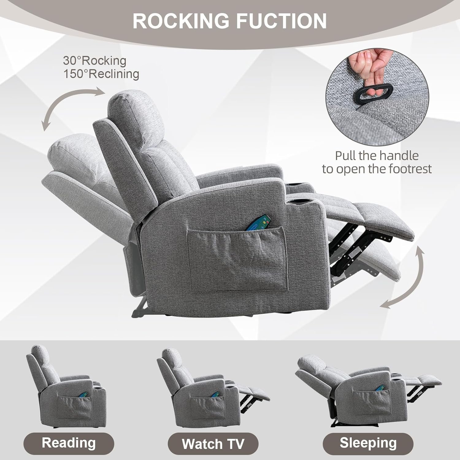 Phoenix Home Manual Recliner Chair with Massage and Heat Ergonomic Overstuffed Breathable Fabric Reclining Chair with 2 Side Pockets, 2 Cup Holders, Remote Control, Living Room, Bedroom,Dark Gray