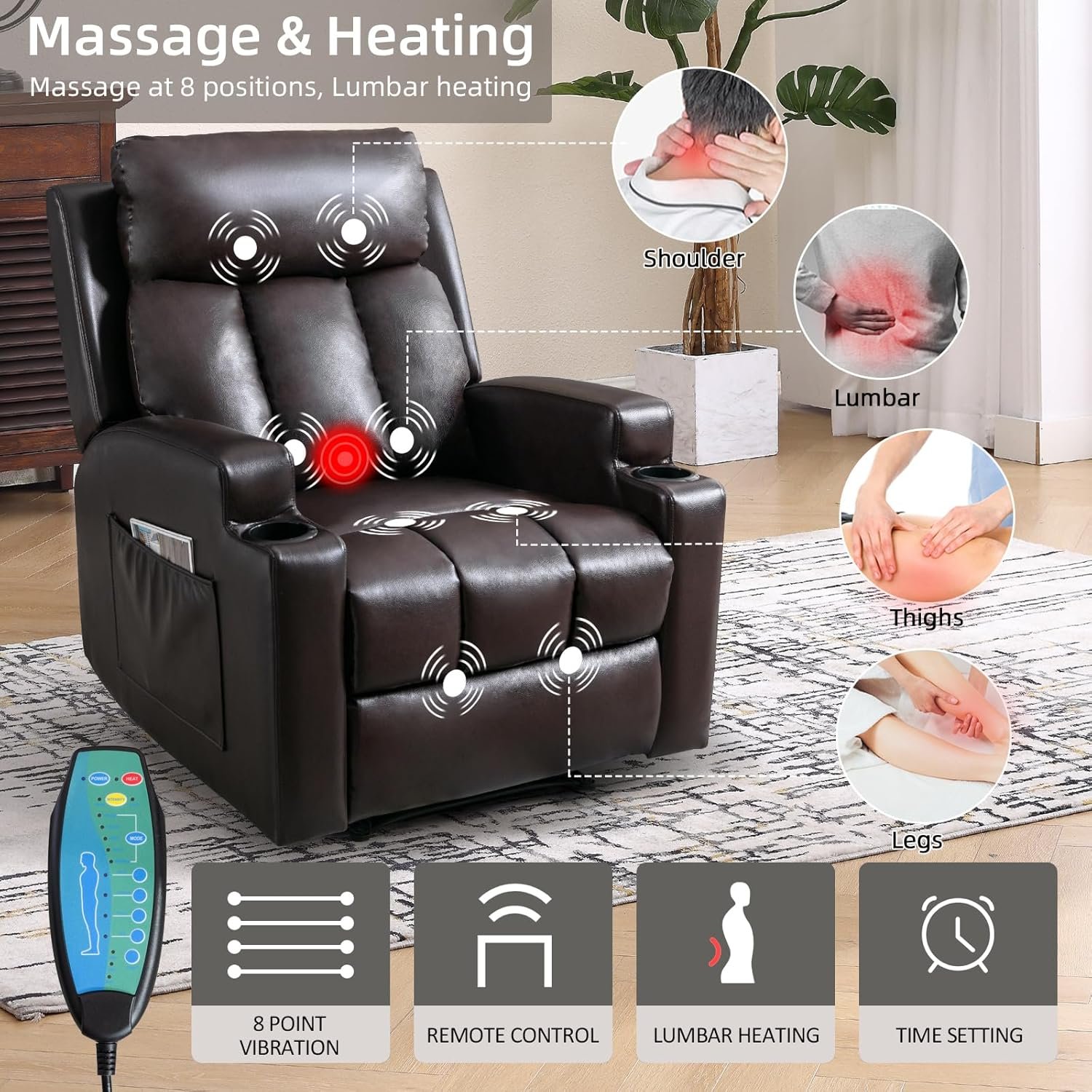 Phoenix Home Manual Recliner Chair with Massage and Heat Ergonomic Overstuffed Breathable Fabric Reclining Chair with 2 Side Pockets, 2 Cup Holders, Remote Control, Living Room, Bedroom,Dark Gray