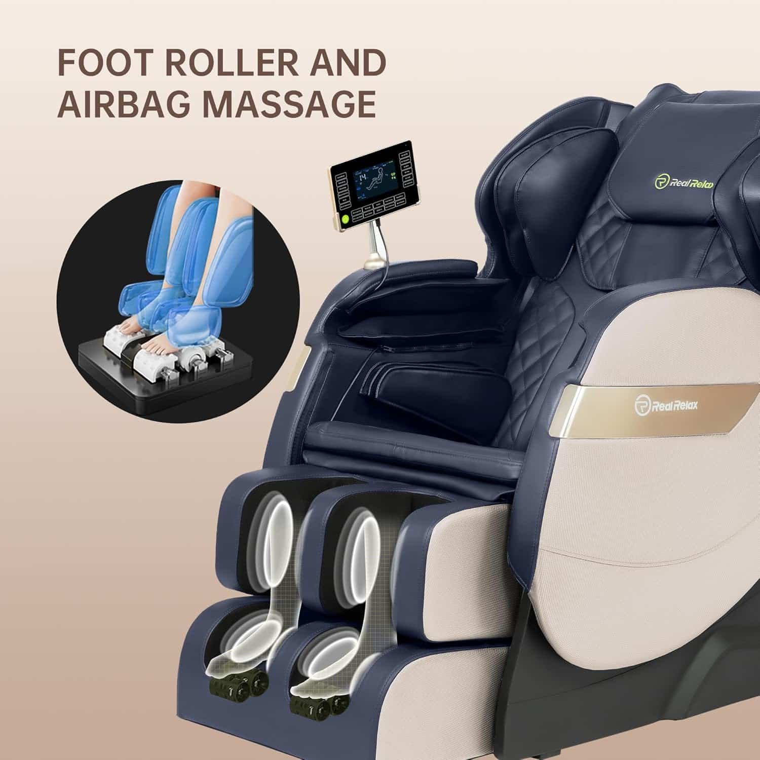 Real Relax 2025 Massage Chair, Full Body Airbag, Dual core S Track, Zero Gravity with App Control and Heat Function, Fit Office and Home, Khaki and Gold
