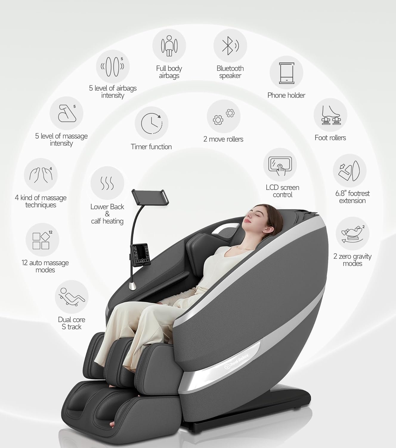 Real Relax 2025 Massage Chair Full Body of Dual Core S-Track,12 Auto Modes, Full Body Airbags, Back  Calf Heating, Zero Gravity Shiatsu Massage Chair Recliner with Phone Holder, FS01 Pro Black