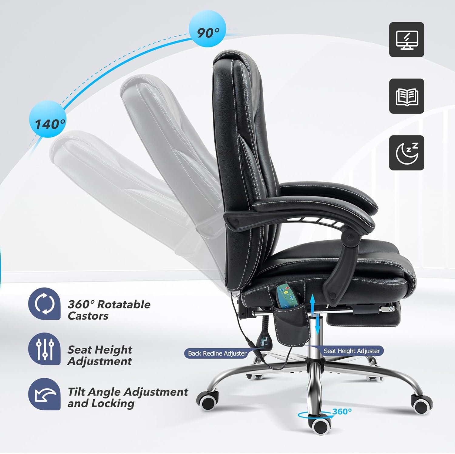 Reclining Massage Office Chair with Footrest, High Back Ergonomic Executive Chair with Heating and Vibration Function(Black)