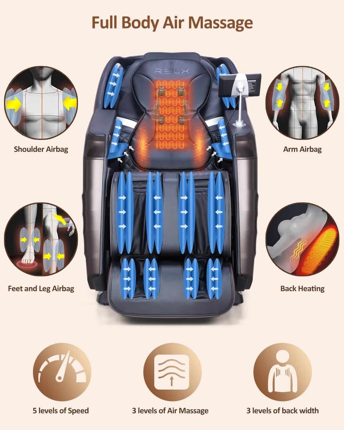 RELX Massage Chair Full Body Zero Gravity SL-Track Shiatsu Massage Chair 12 Modes + 8 Auto Modes（Brown+ Black）