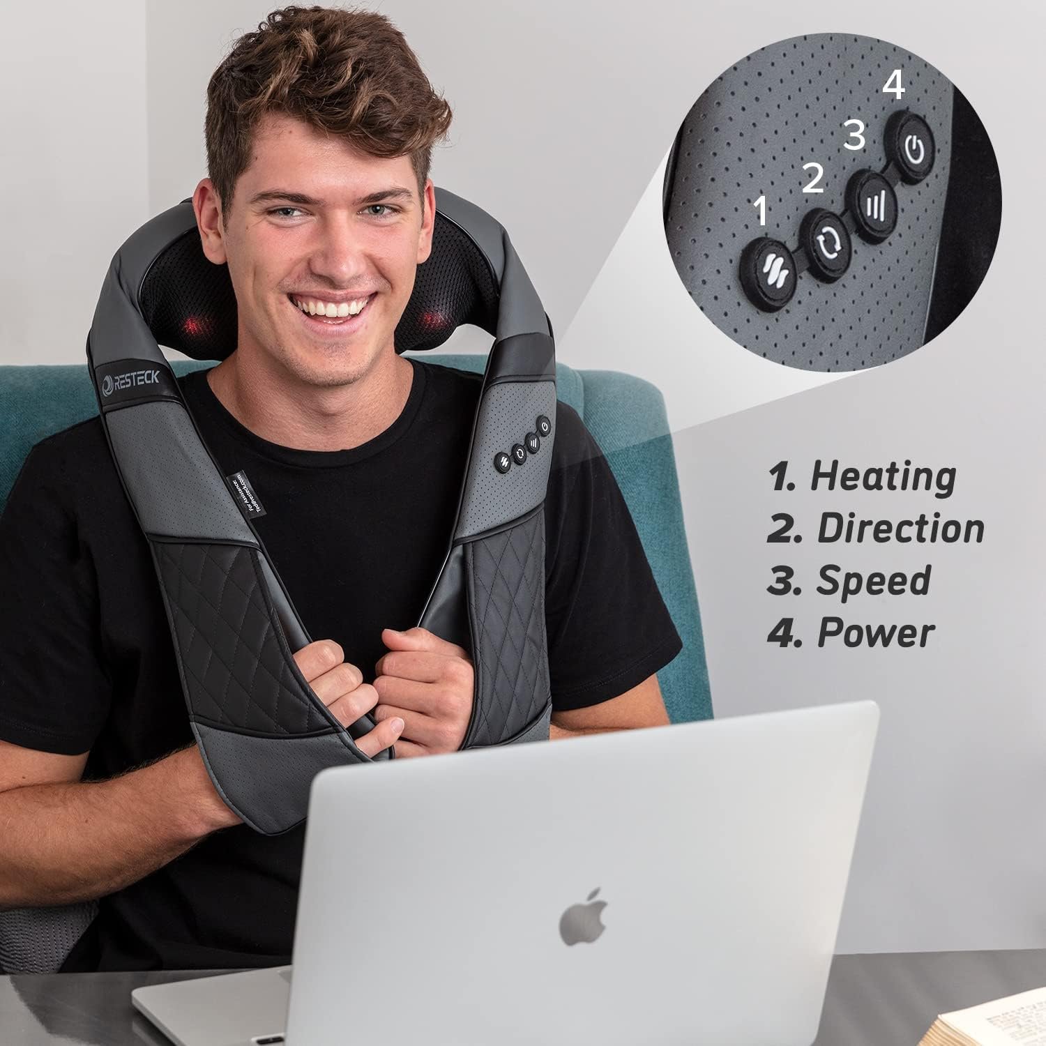 RESTECK Massagers for Neck and Back with Heat - Deep Tissue 3D Kneading Pillow, Electric Shiatsu Shoulder Massage, Foot, Legs,Body - Relieve Muscle Pain - Office, Home  Car