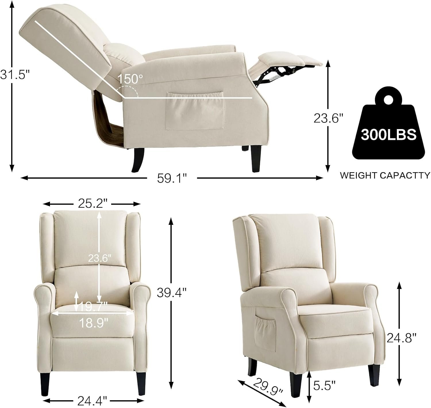 RISAR Power Recliner Chair with Heating Function and 8 Massage Modes, Adjustable Manual Pushback Wingback Recliner Chair,Single Sofa Chairs for Room, Bedroom. with A Side Pocket (Grey)