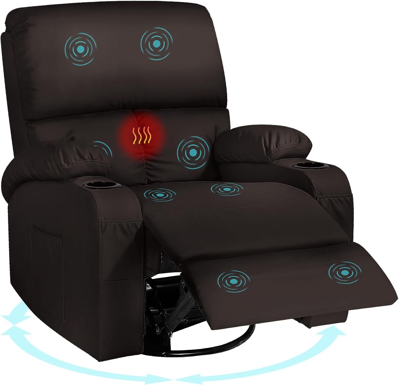 Rocking Recliner Chair, Massage Rocker Recliner Chair with Vibration Massage and Heat,360° Swivel Recliner Chairs, Living Room, Bedroom, Nursery, RV, Brown