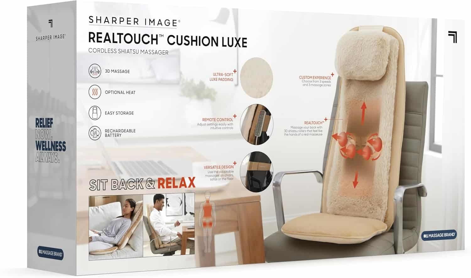Sharper Image® Realtouch Cushion Luxe, Cordless Shiatsu Massager Chair Pad, Heated Seat Topper with Remote Control, Heat, Vibration, and Ultra-Soft Padding, Wireless