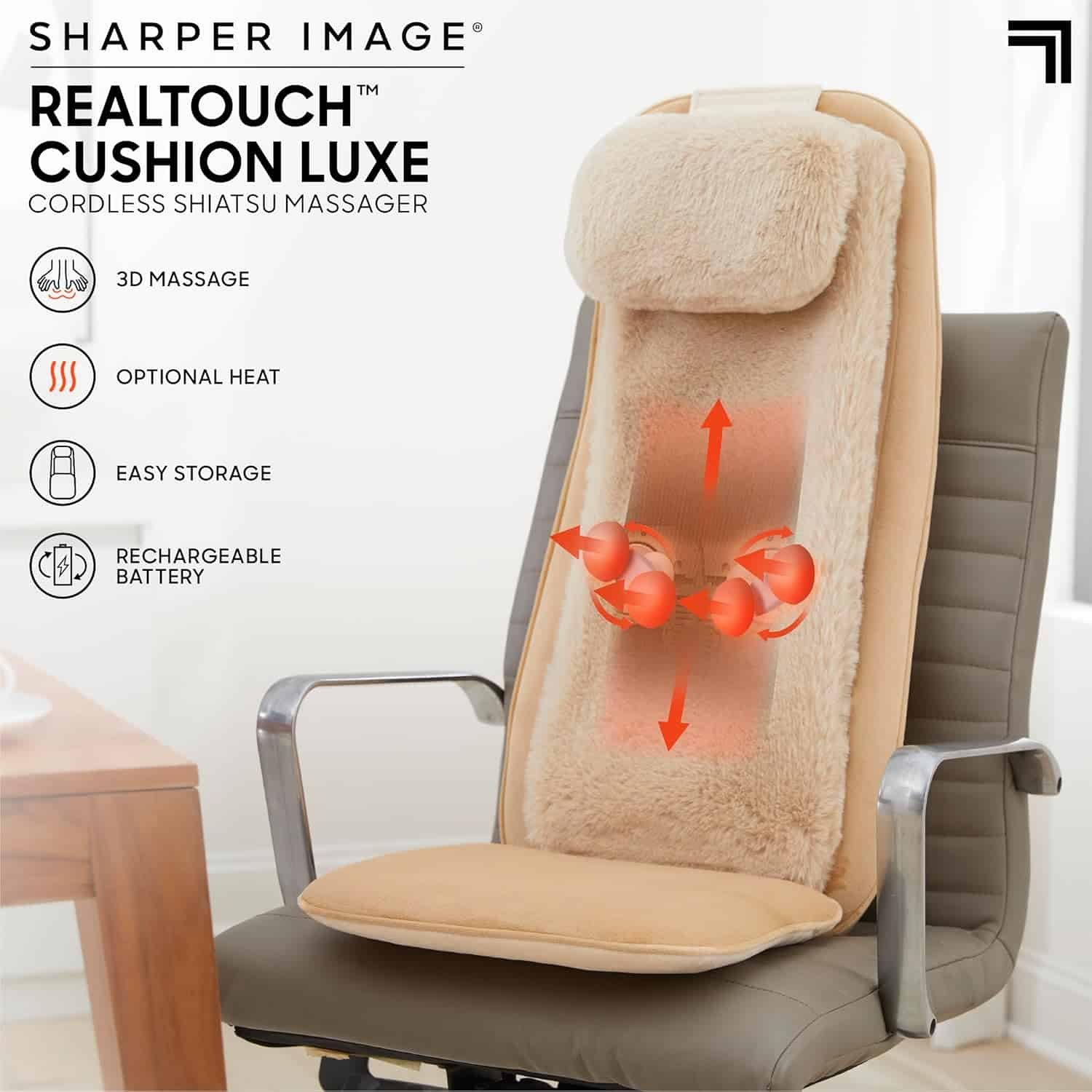 Sharper Image® Realtouch Cushion Luxe, Cordless Shiatsu Massager Chair Pad, Heated Seat Topper with Remote Control, Heat, Vibration, and Ultra-Soft Padding, Wireless
