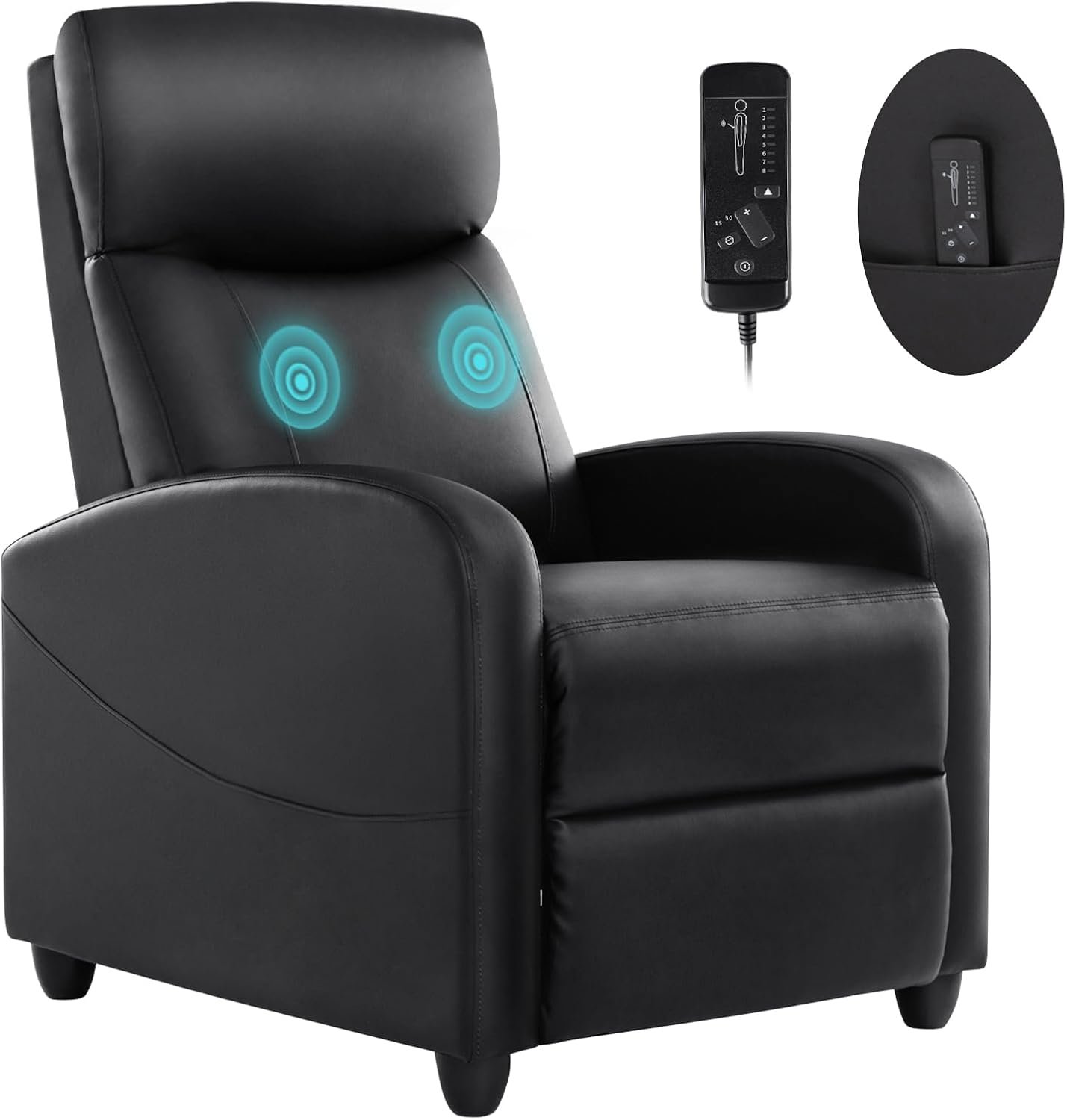 Sweetcrispy Recliner Chair for Adults, Massage PU Leather Small Recliner Home Theater Seating with Lumbar Support, Adjustable Modern Reclining Chair with Padded Seat Backrest, Living Room (Black)