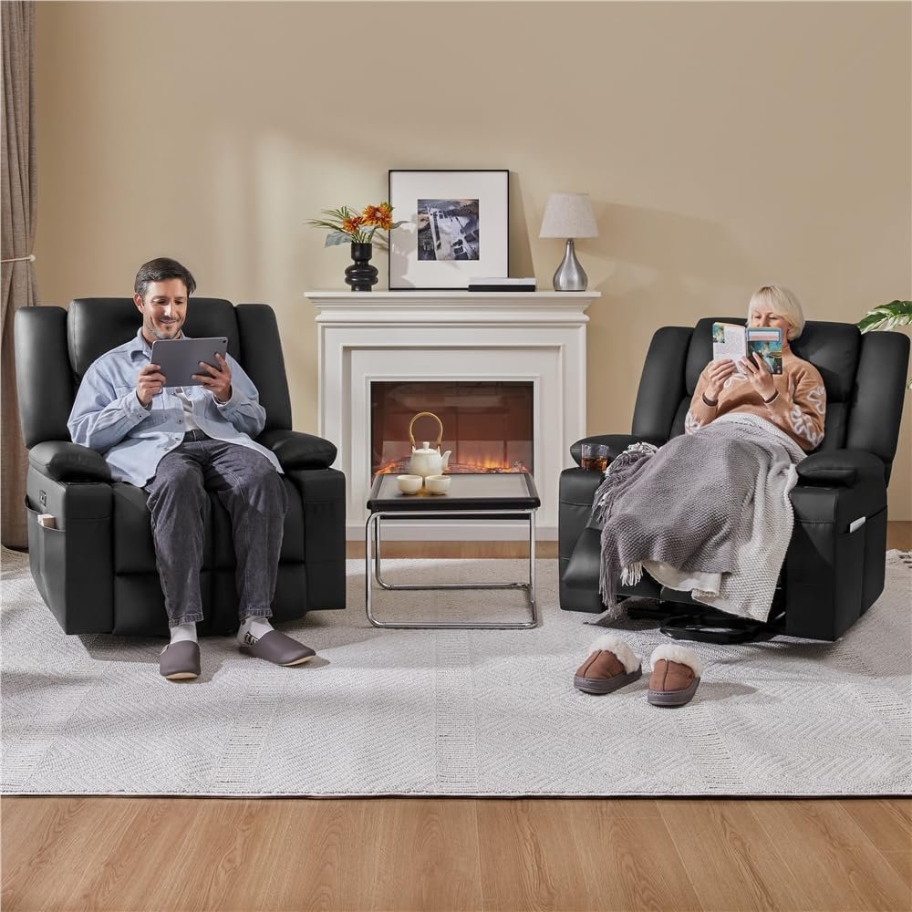 Yaheetech Large Electric Power Lift Recliner Chair, PU Leather Massage Chair with Heat and USB Port for Elderly, Ergonomic Lounge Chair with 2 Cup Holders Side Pockets, Overstuffed Wide Single Sofa