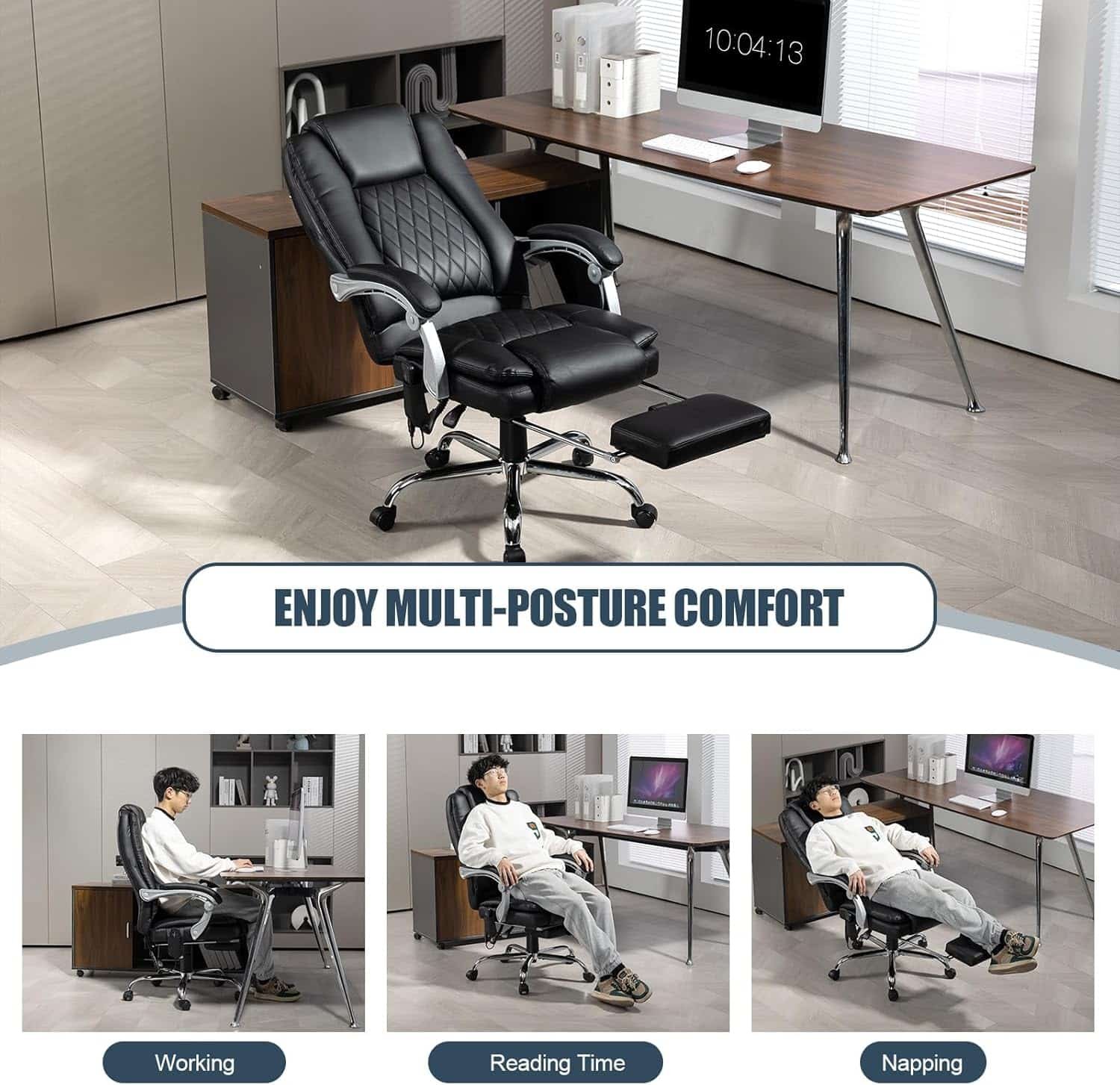 400lbs Executive Leather Office Chair with Ergonomic Design and Reclining Function - Comfortable Computer Desk Chair with Integrated Foot Rest-Black  Morden