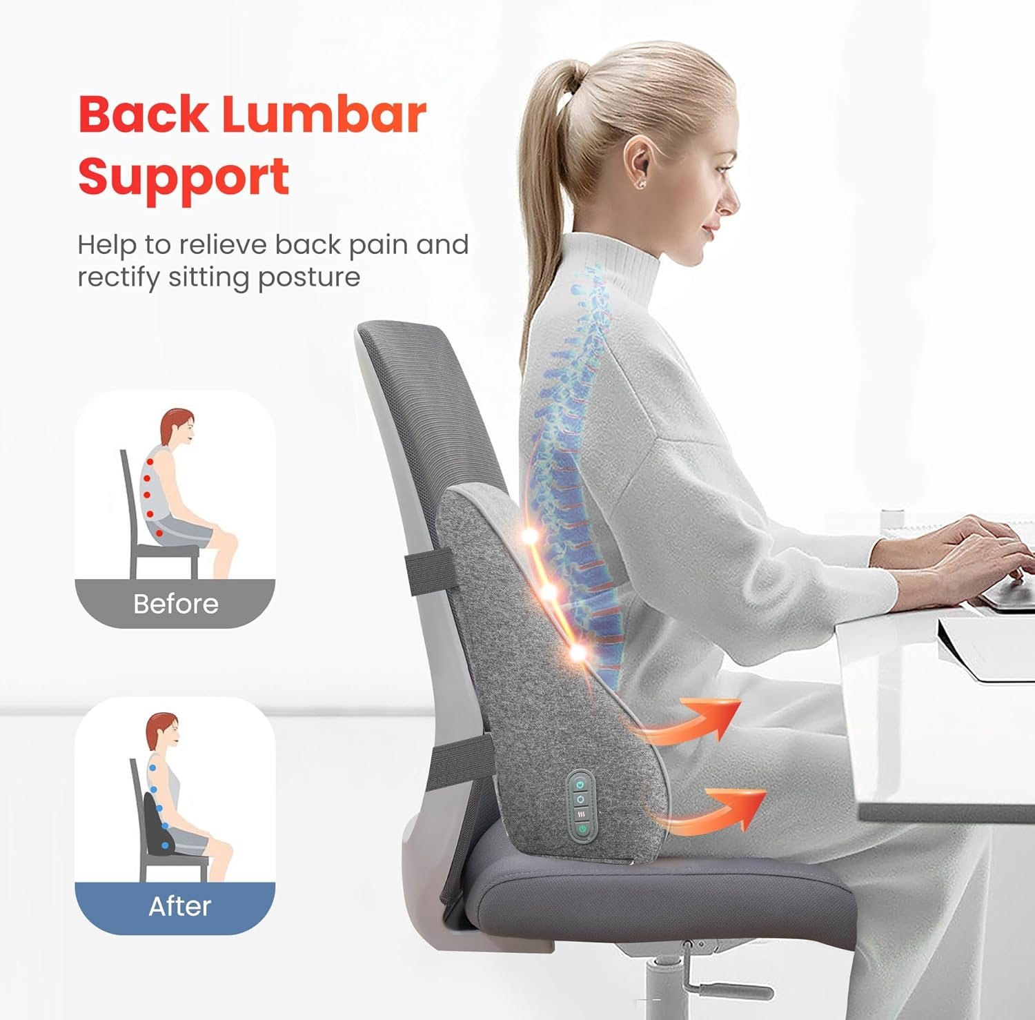 Back Lumbar Support Pillow for Office Chair Car, Office Desk Chair Lumbar Back Support with 4 Shiatsu Massage Heads  Heating Function, Memory Foam Lumbar Pillow for Computer Gaming Chair-Gray