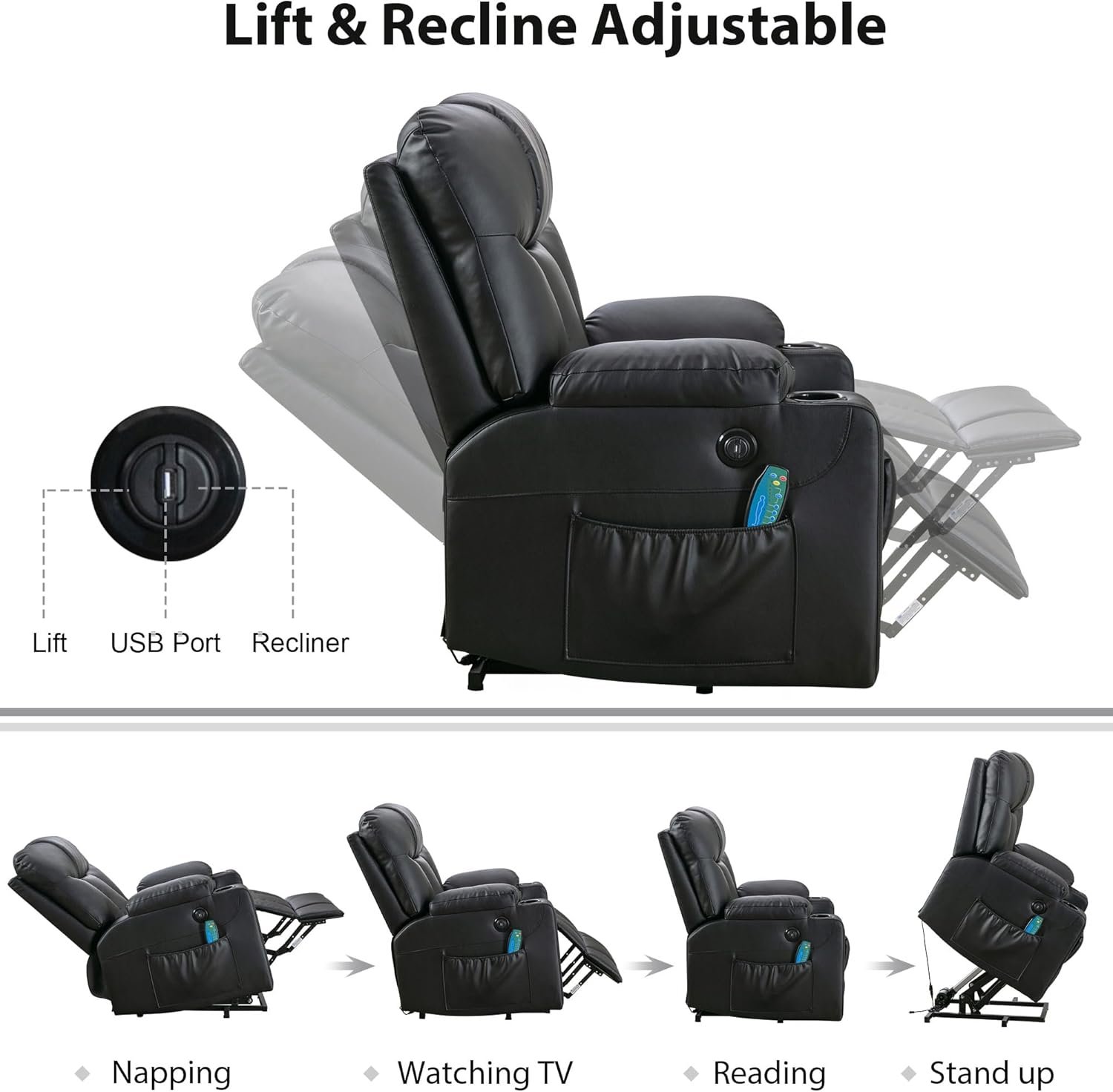 Bonzy Home 26 Extra Wide Lift Chair with Heat and Massage, Faux Leather Power Lift Recliner Massage Chair for Adults Elderly, Upholstered Recliner with 2 Cup Holders, Side Pocket