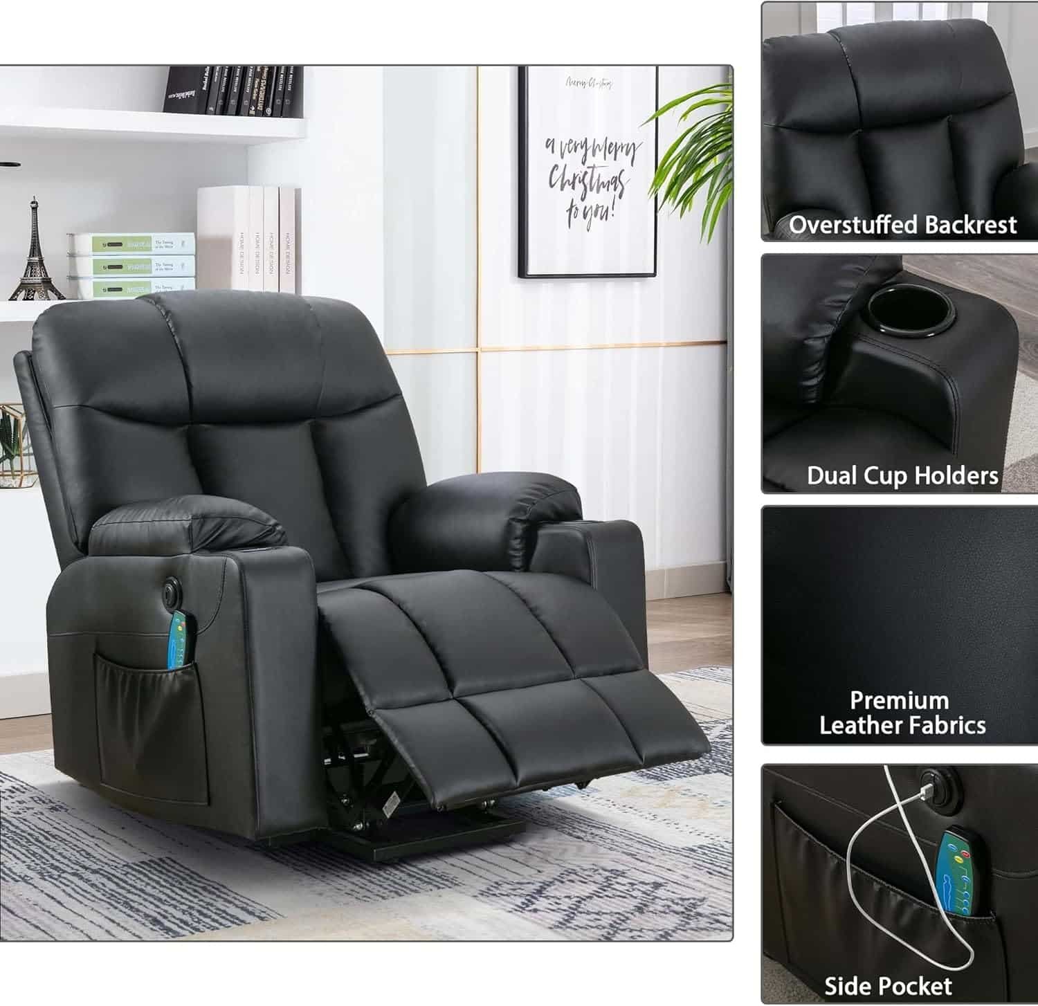 Bonzy Home 26 Extra Wide Lift Chair with Heat and Massage, Faux Leather Power Lift Recliner Massage Chair for Adults Elderly, Upholstered Recliner with 2 Cup Holders, Side Pocket