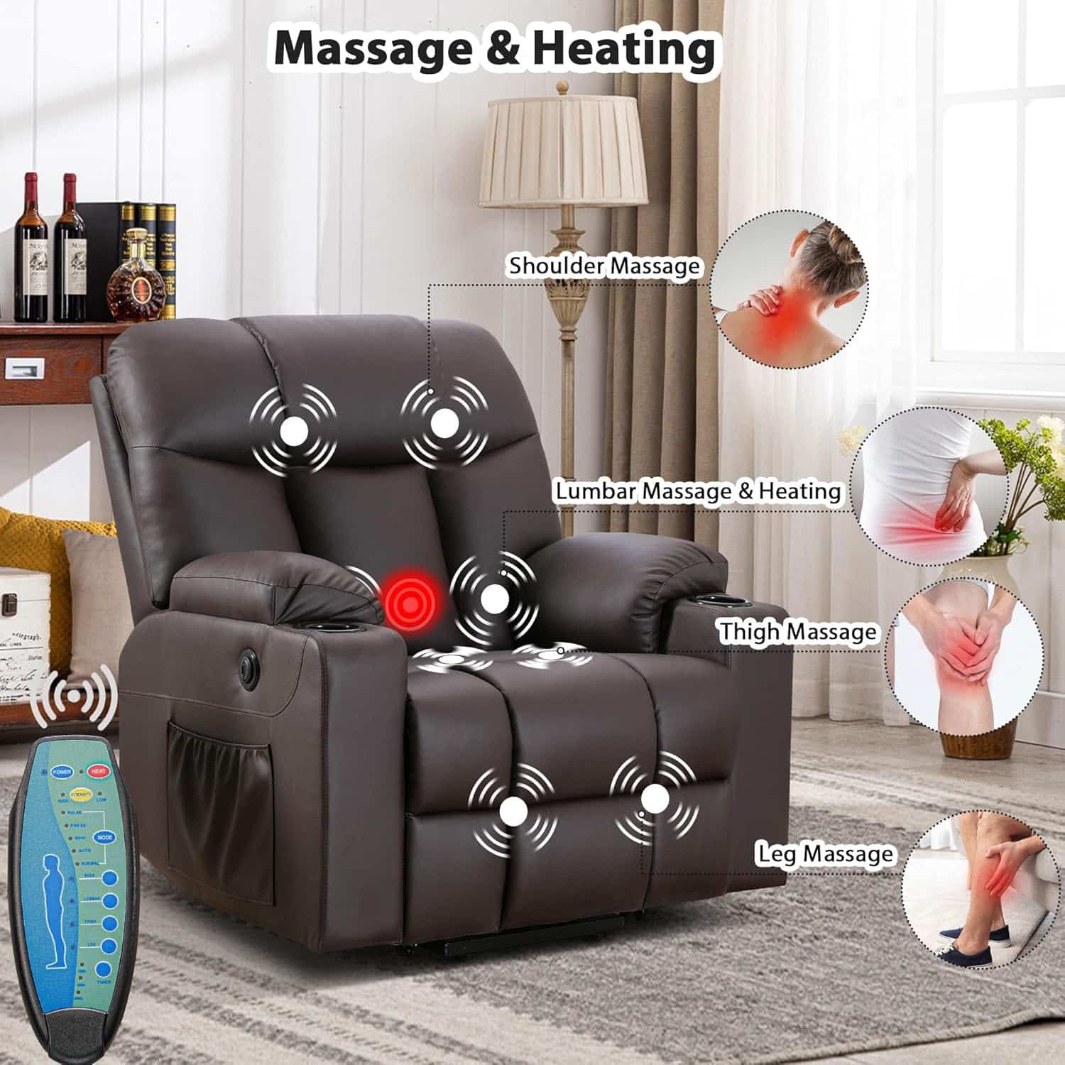 Bonzy Home 26 Extra Wide Lift Chair with Heat and Massage, Faux Leather Power Lift Recliner Massage Chair for Adults Elderly, Upholstered Recliner with 2 Cup Holders, Side Pocket