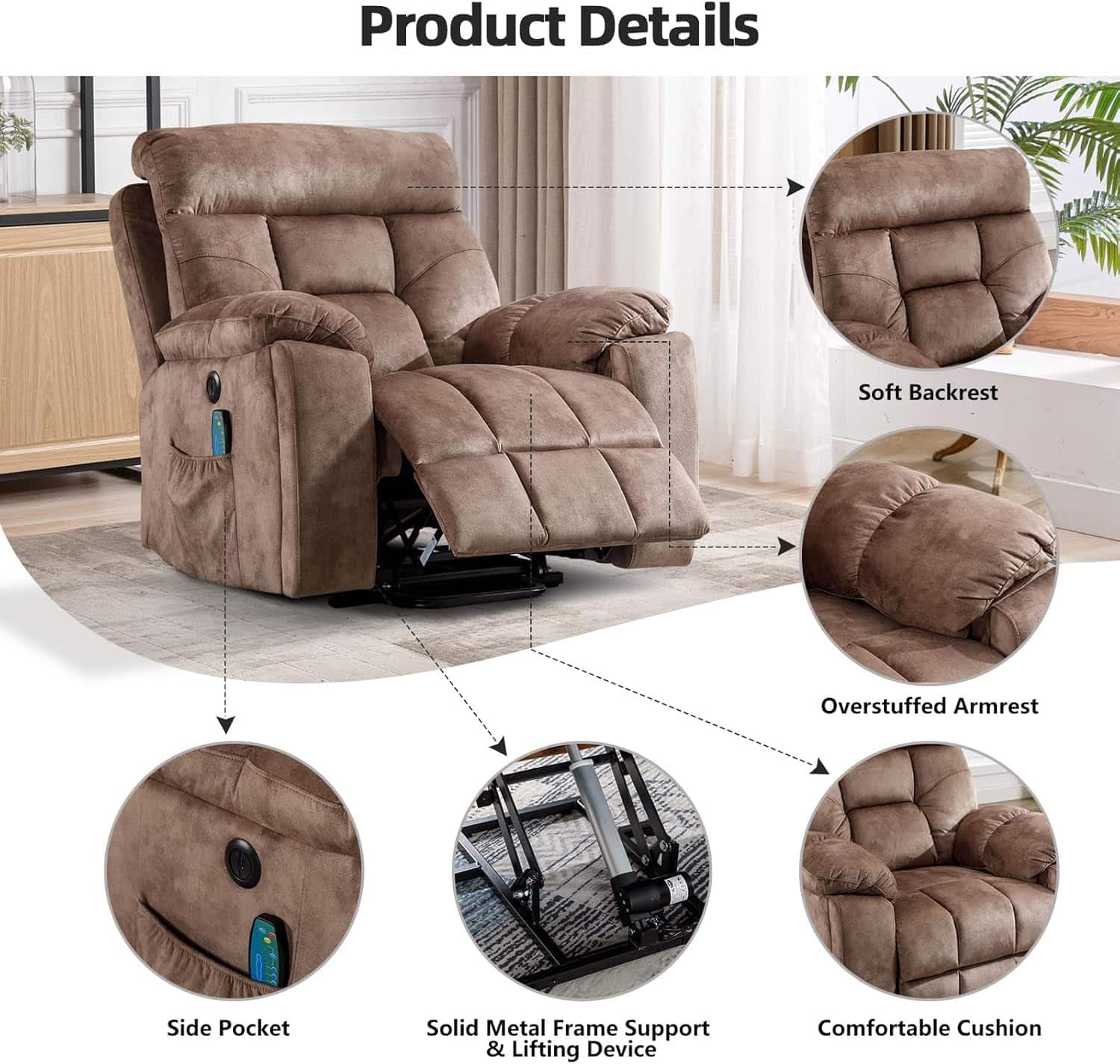 CANMOV Large Power Lift Recliner Chair with Massage and Heat for Elderly Big and Tall People, Overstuffed Wide Recliners with 2 Cup Holders, Side Pocket and USB Port, Grey