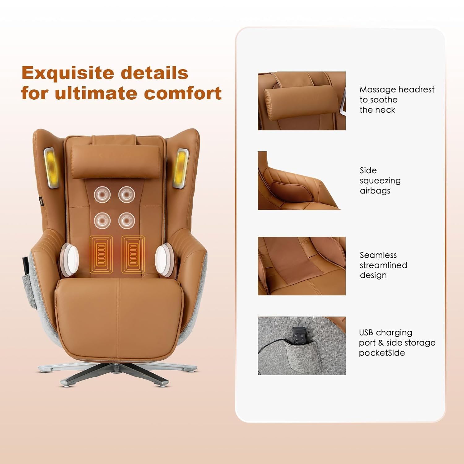 COLAMY Zero-Gravity Massage Chair | Massage and Leisure Dual-Use Chair,360° Swivel,Heat, Low-Noise 3D Bluetooth Speaker | Living Room（Brown