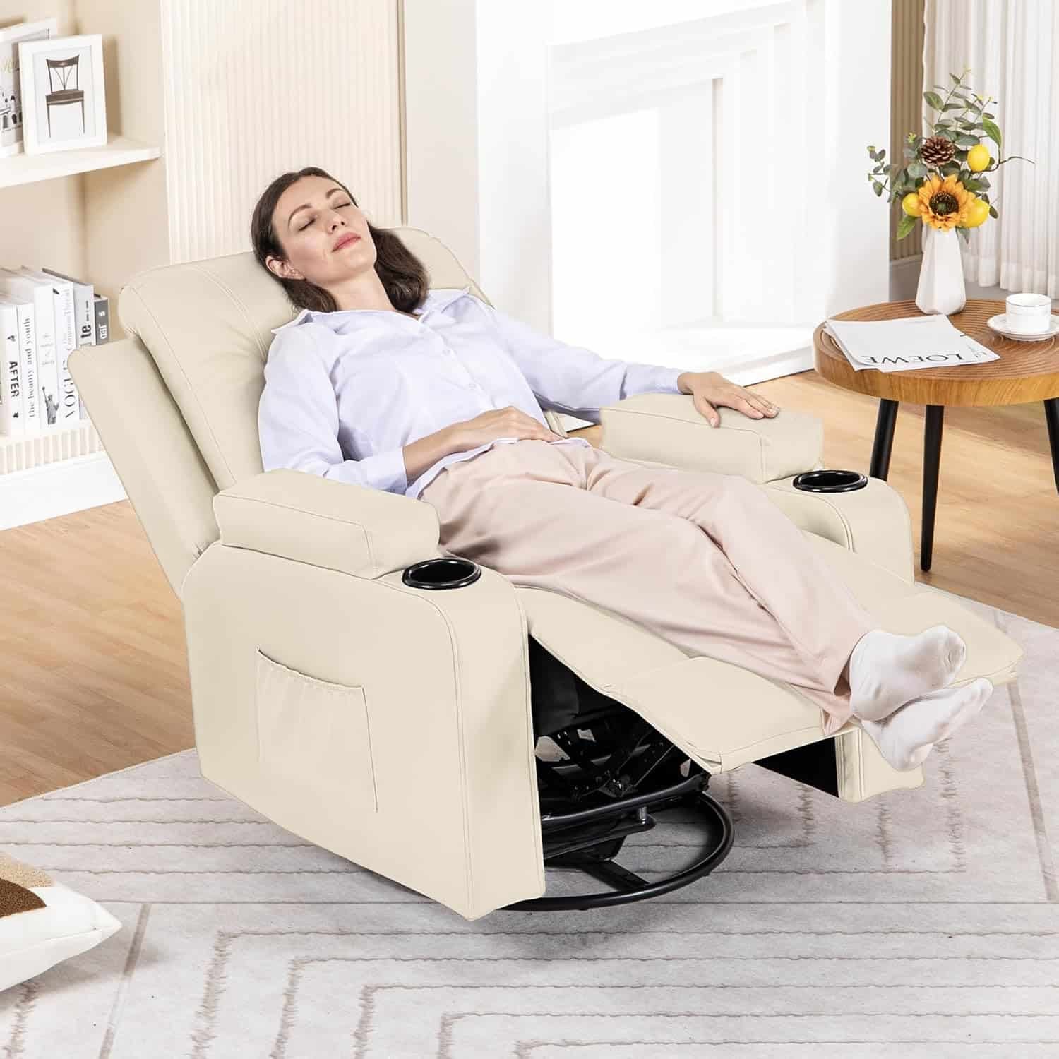 COMHOMA Recliner Chair, Rocker Recliners for Adults, Swivel Reclining Chair with Massage and Heat, Manual Rocking Chair with Cup Holders and Side Pockets for Living Room，Brown